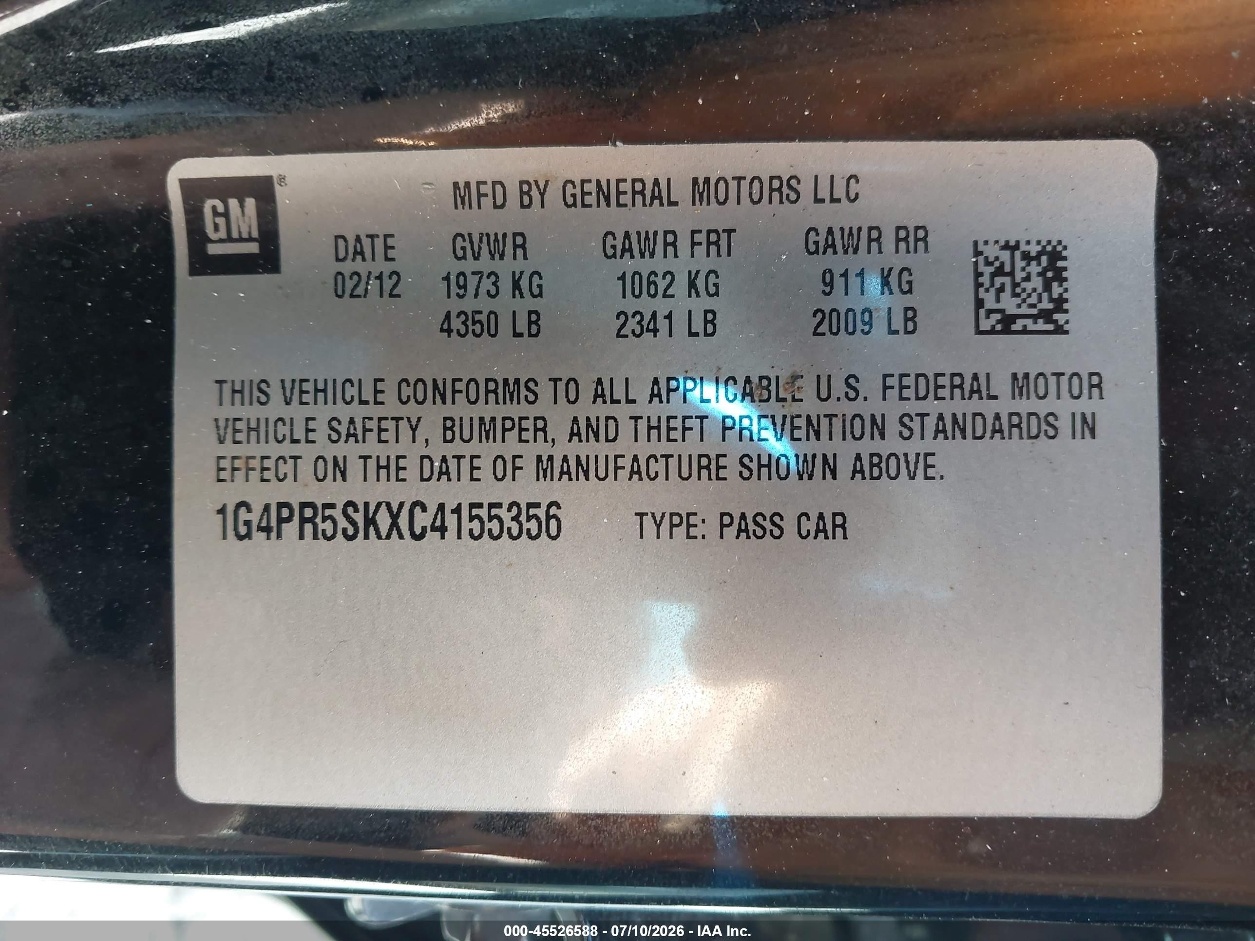 2012 Buick Verano Convenience Group Black vin: 1G4PR5SKXC4155356