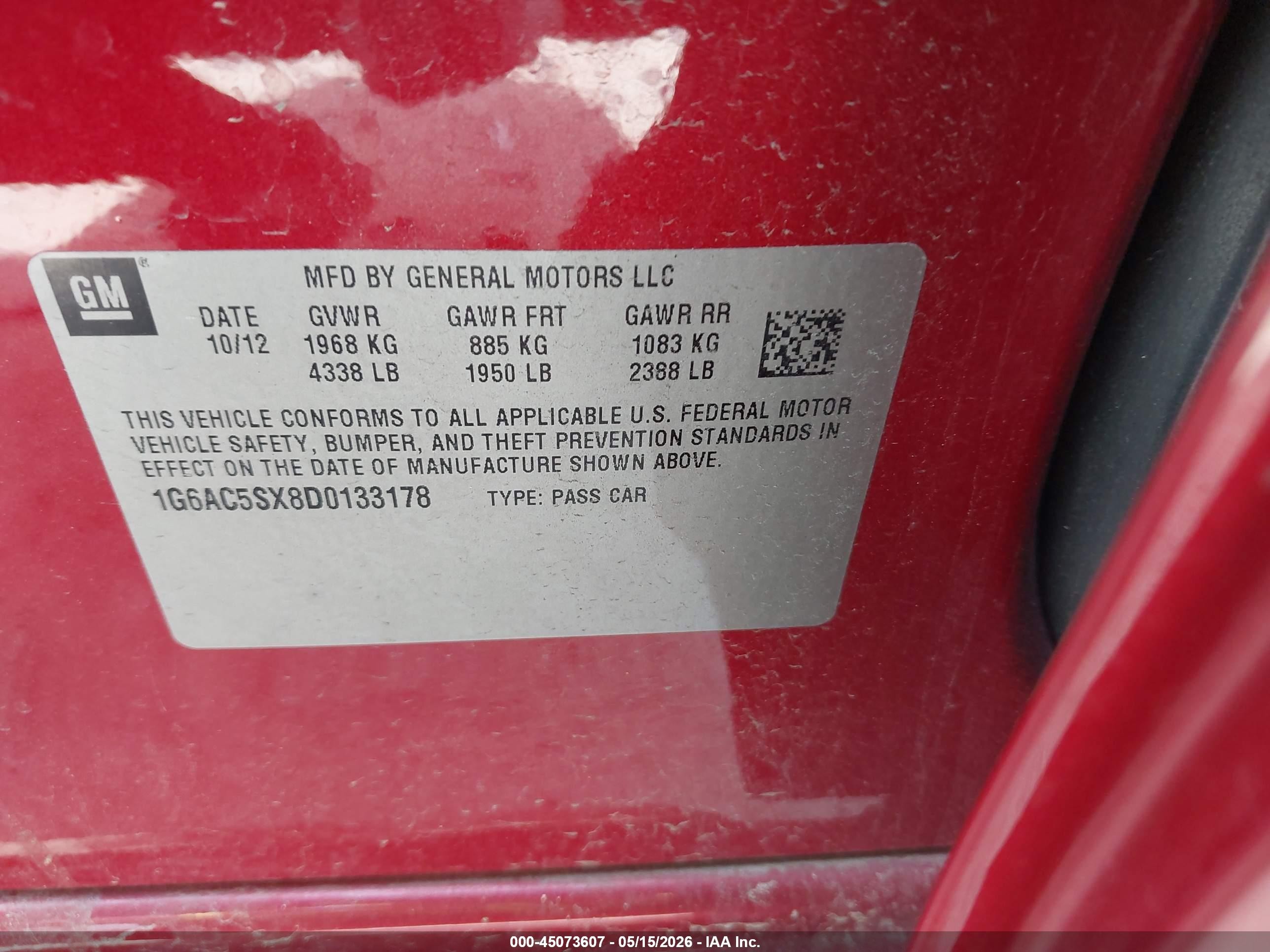 2013 Cadillac Ats Performance Red vin: 1G6AC5SX8D0133178