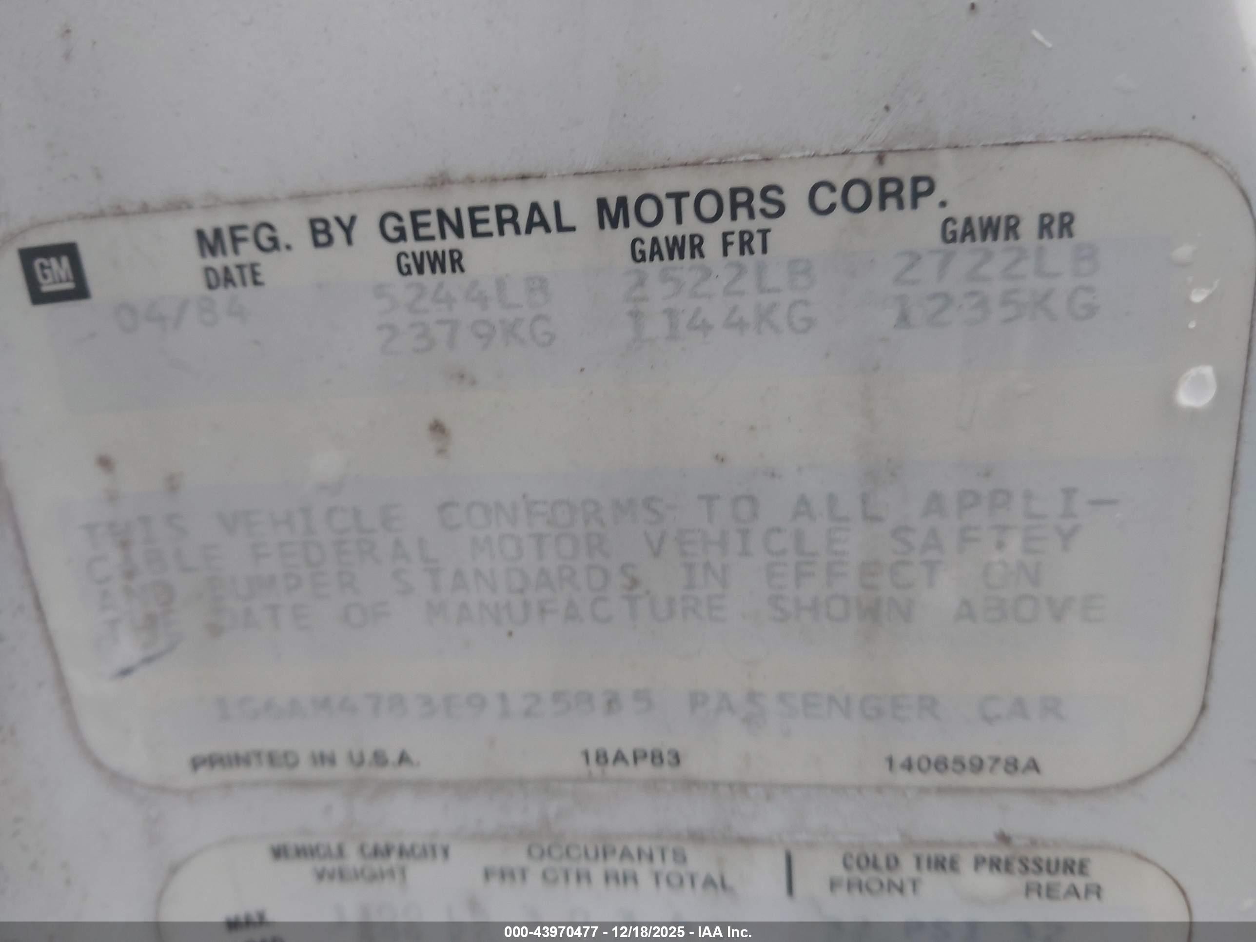 1984 Cadillac Deville   White vin: 1G6AM4783E9125835
