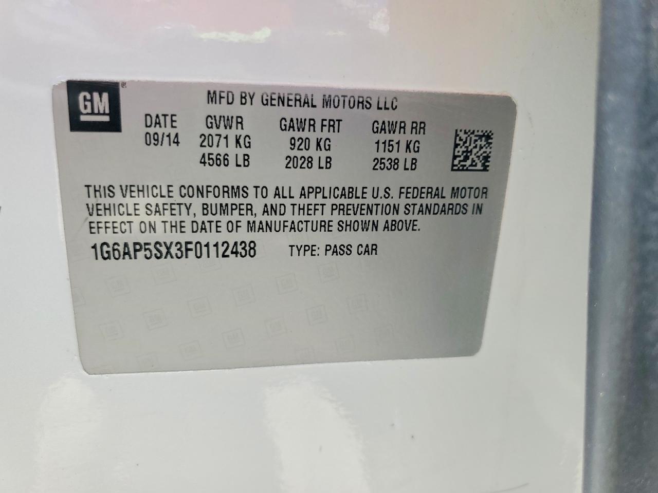 2015 Cadillac Cts White vin: 1G6AP5SX3F0112438