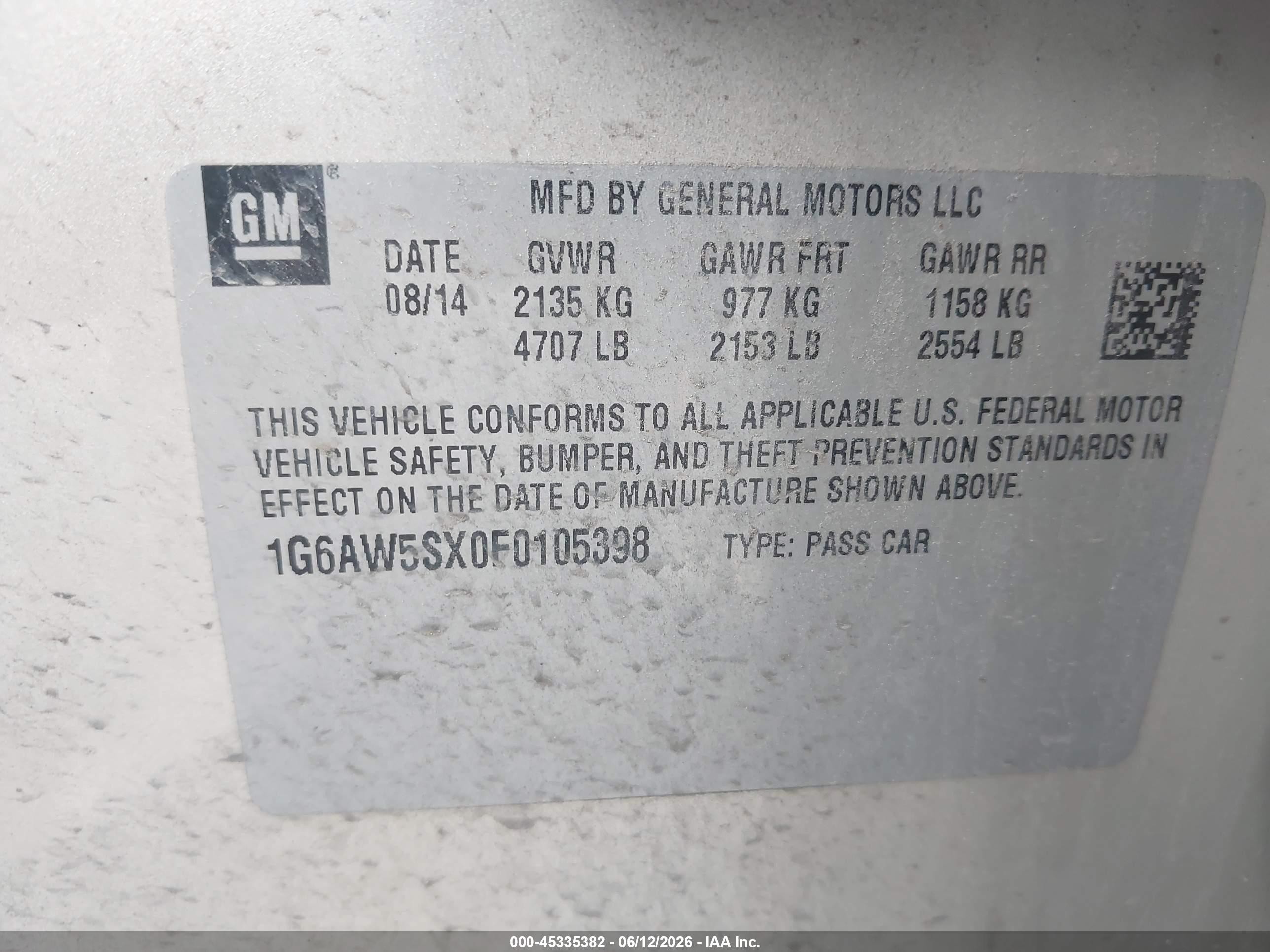 2015 Cadillac Cts Standard Champagne vin: 1G6AW5SX0F0105398