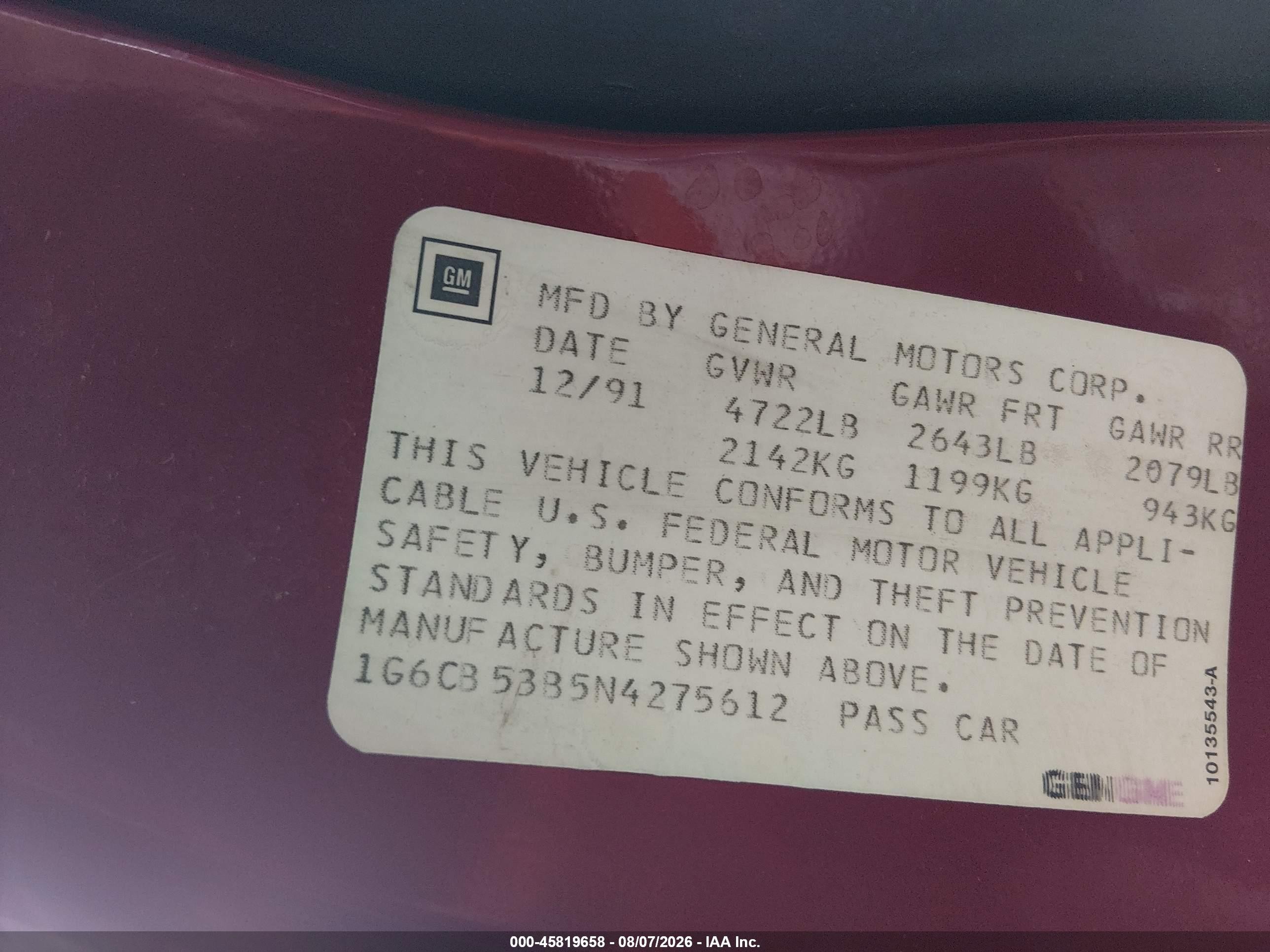 1992 Cadillac Fleetwood Burgundy vin: 1G6CB53B5N4275612