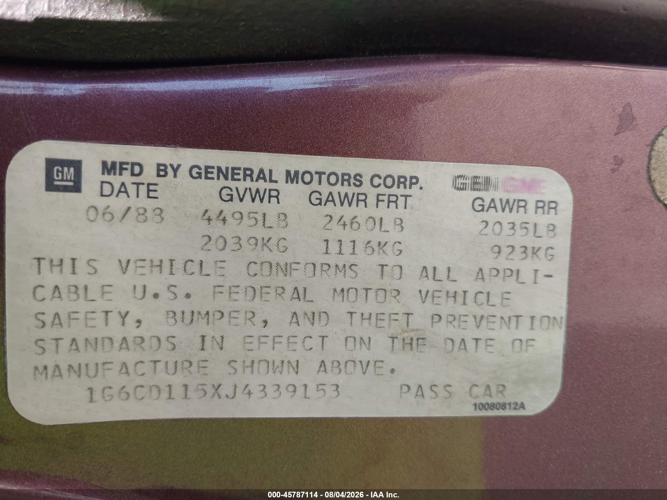 1988 Cadillac Deville   Burgundy vin: 1G6CD115XJ4339153