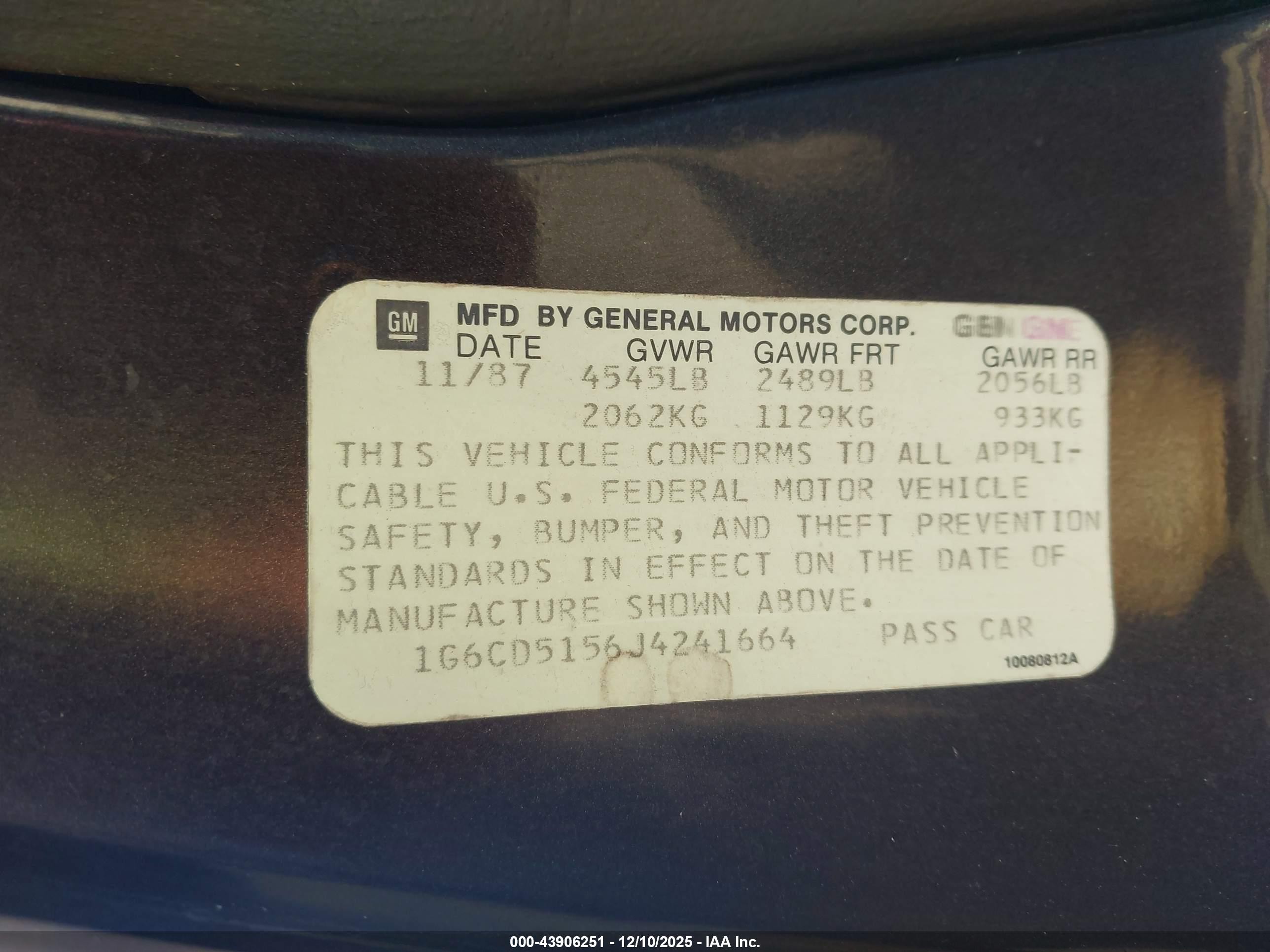 1988 Cadillac Deville   Tan vin: 1G6CD5156J4241664