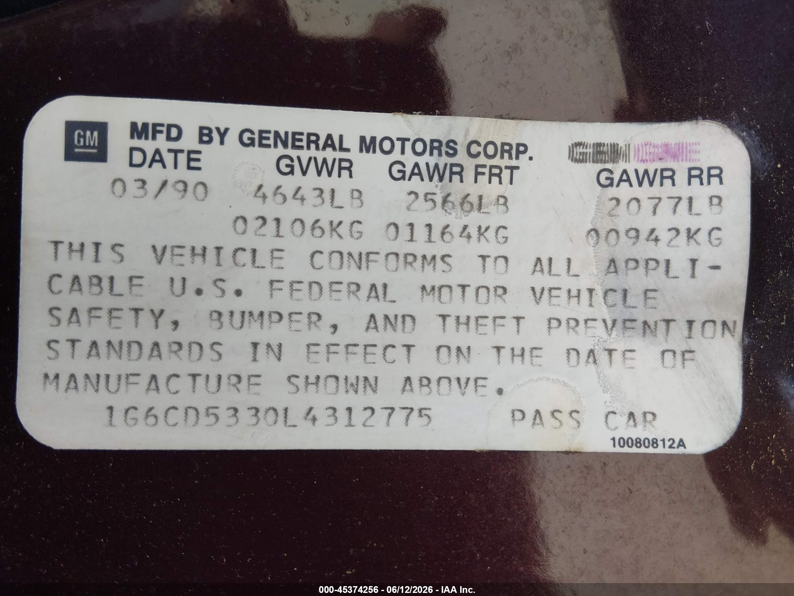 1990 Cadillac Deville   Бордовый vin: 1G6CD5330L4312775