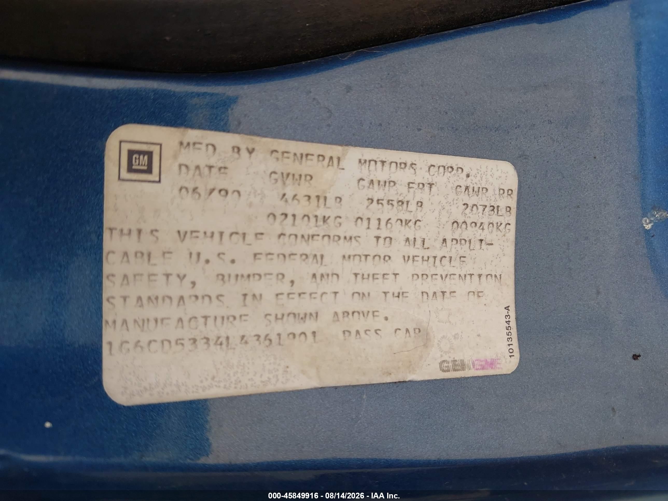 1990 Cadillac Deville   Blue vin: 1G6CD5334L4361901