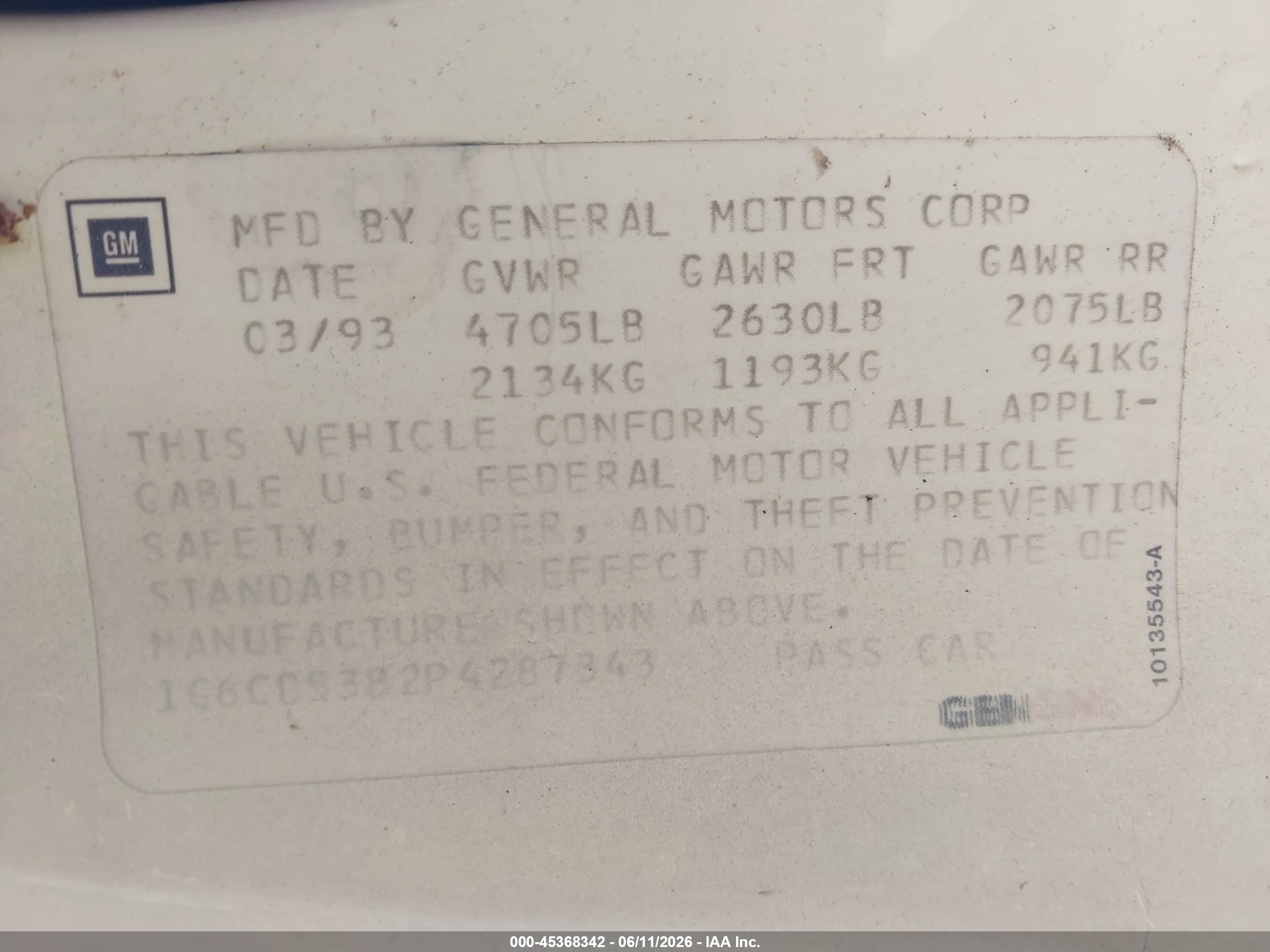 1993 Cadillac Deville   White vin: 1G6CD53B2P4287343