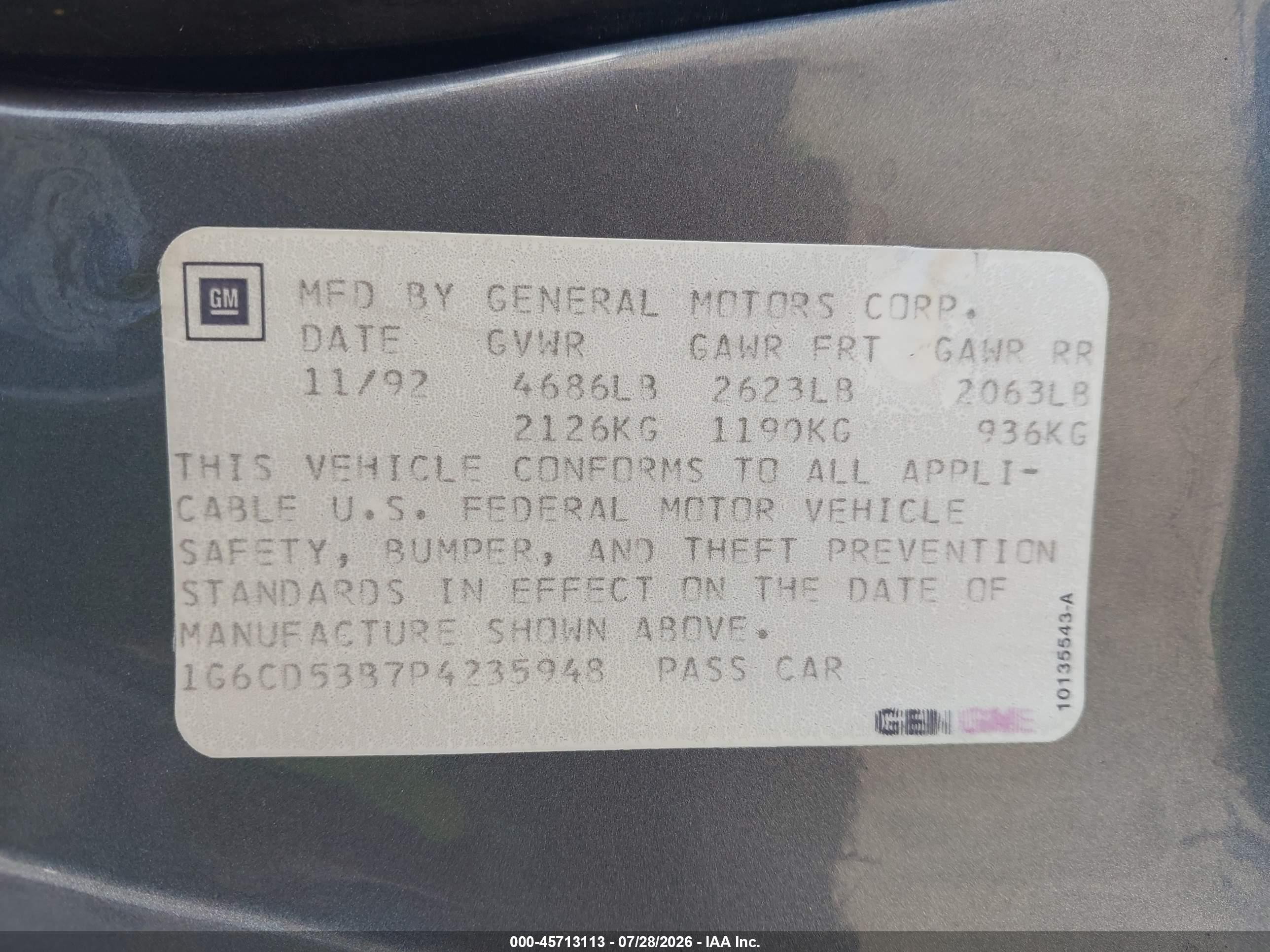 1993 Cadillac Deville   Gray vin: 1G6CD53B7P4235948