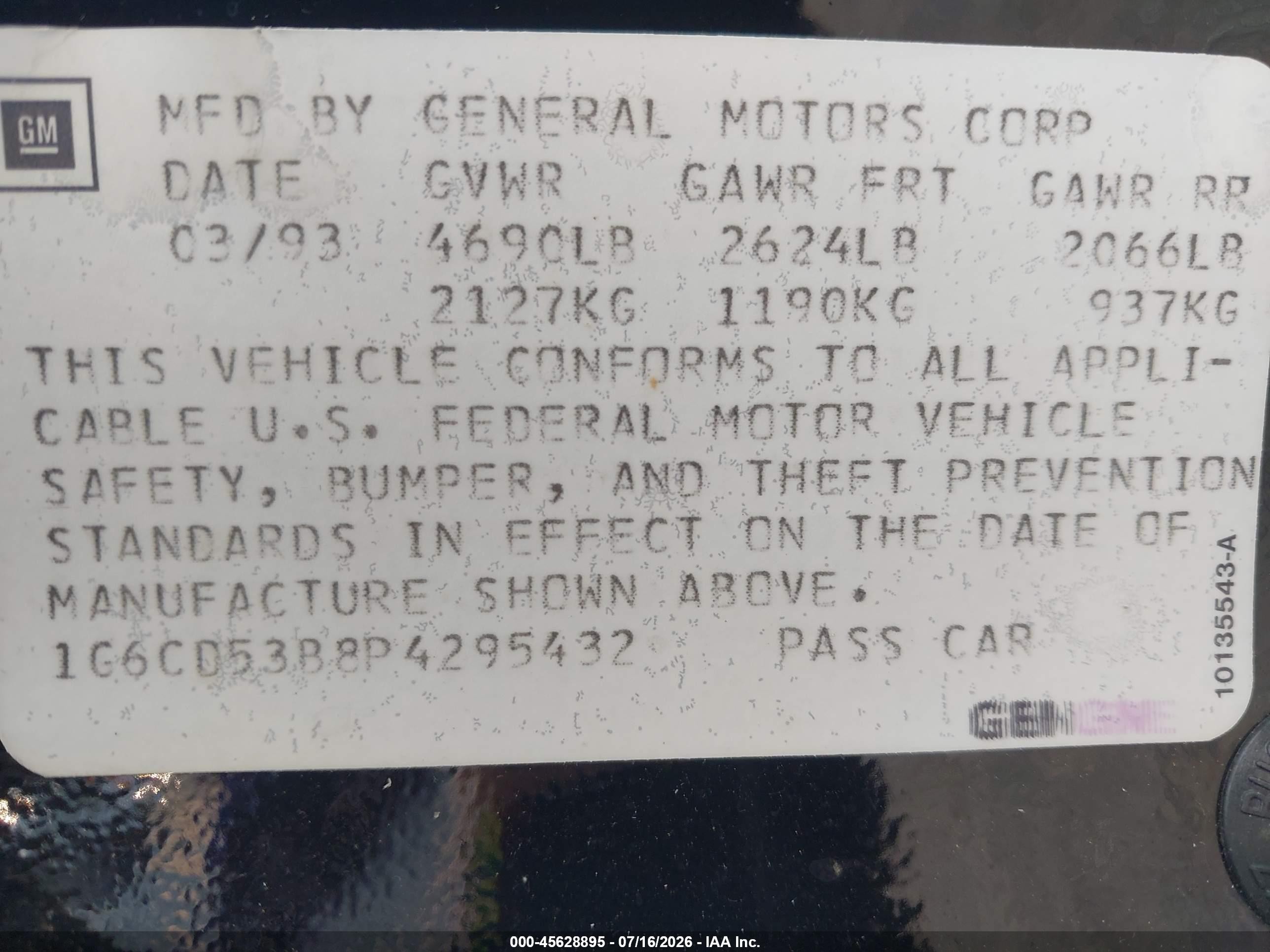 1993 Cadillac Deville   Черный vin: 1G6CD53B8P4295432