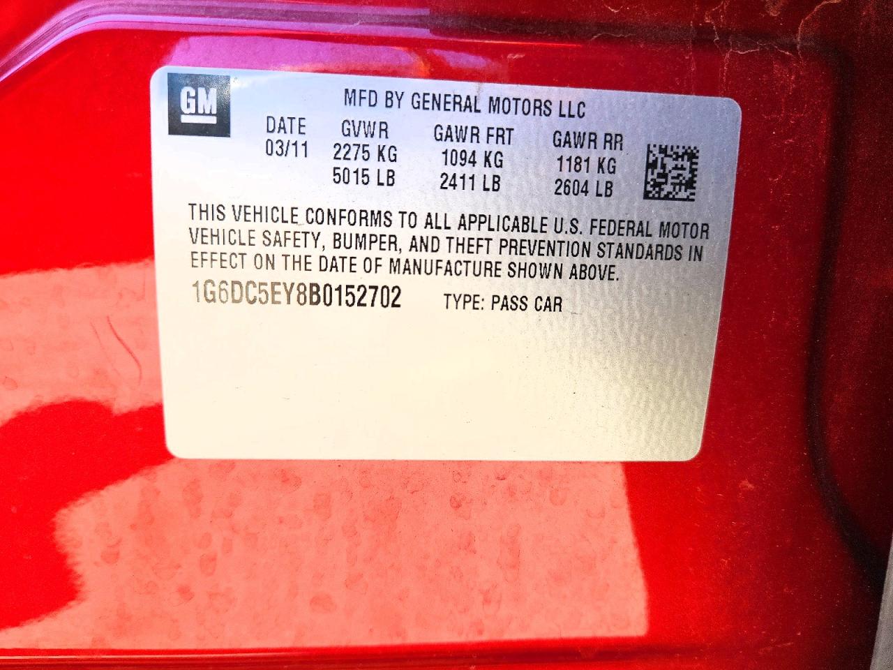 2011 Cadillac Cts Red vin: 1G6DC5EY8B0152702