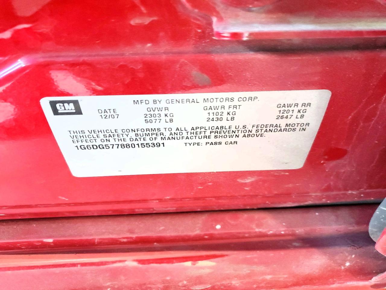 2008 Cadillac Cts Red vin: 1G6DG577880155391