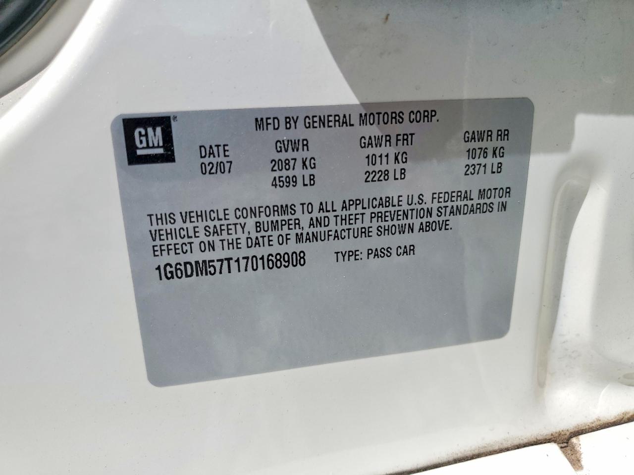2007 Cadillac Cts White vin: 1G6DM57T170168908