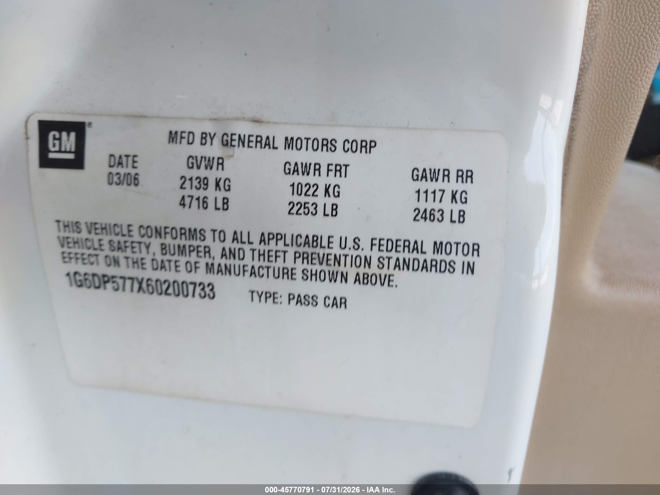2006 Cadillac Cts Base W/1sb Cream vin: 1G6DP577X60200733