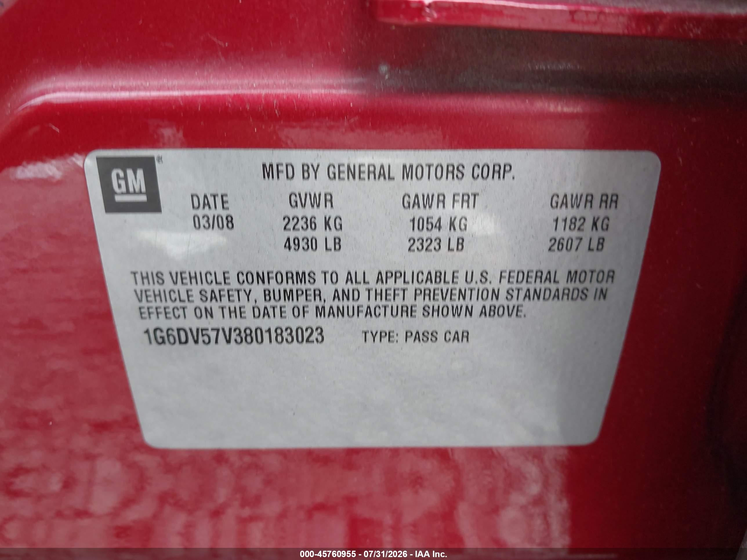 2008 Cadillac Cts Rwd W/1sb Red vin: 1G6DV57V380183023