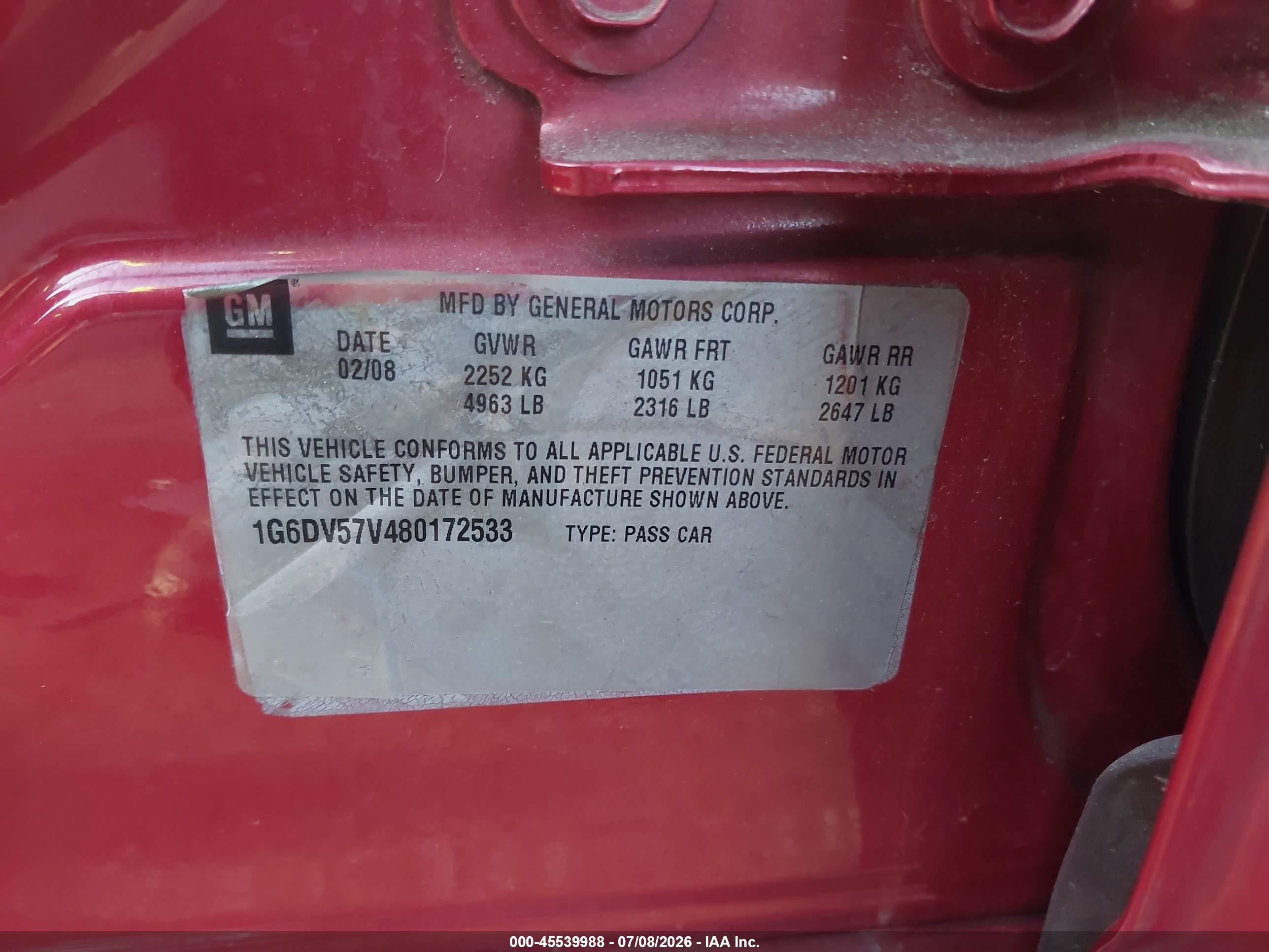 2008 Cadillac Cts Rwd W/1sb Red vin: 1G6DV57V480172533