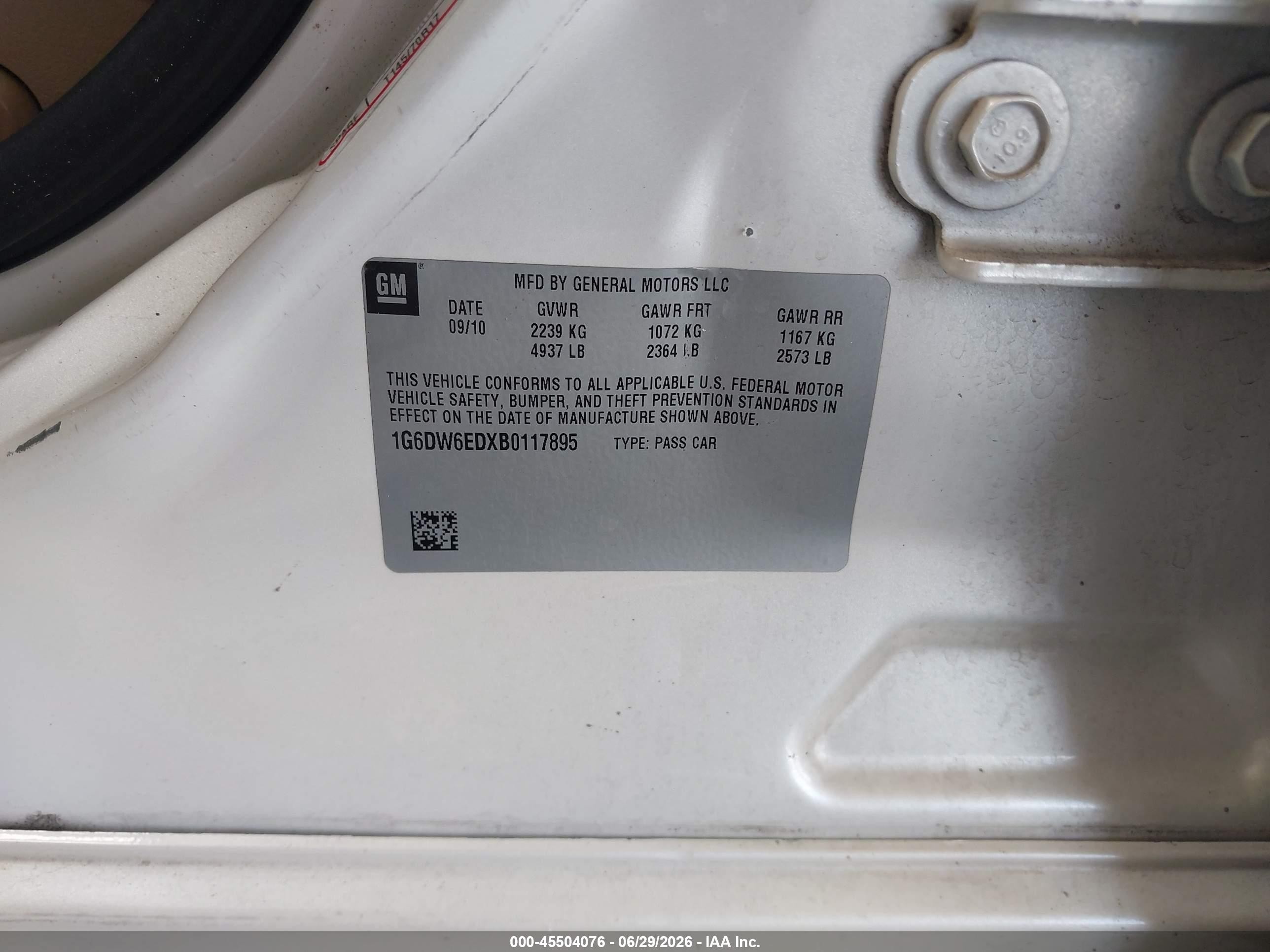 2011 Cadillac Sts Rwd W/1sb White vin: 1G6DW6EDXB0117895