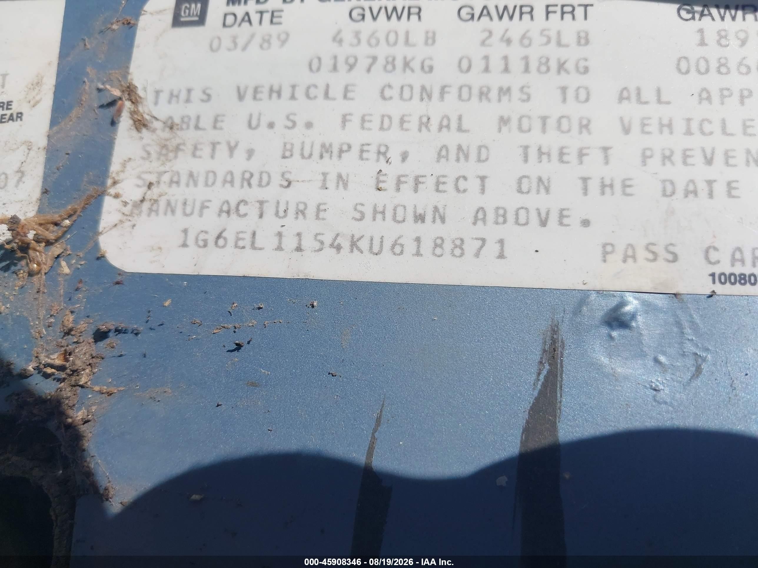 1989 Cadillac Eldorado   Blue vin: 1G6EL1154KU618871