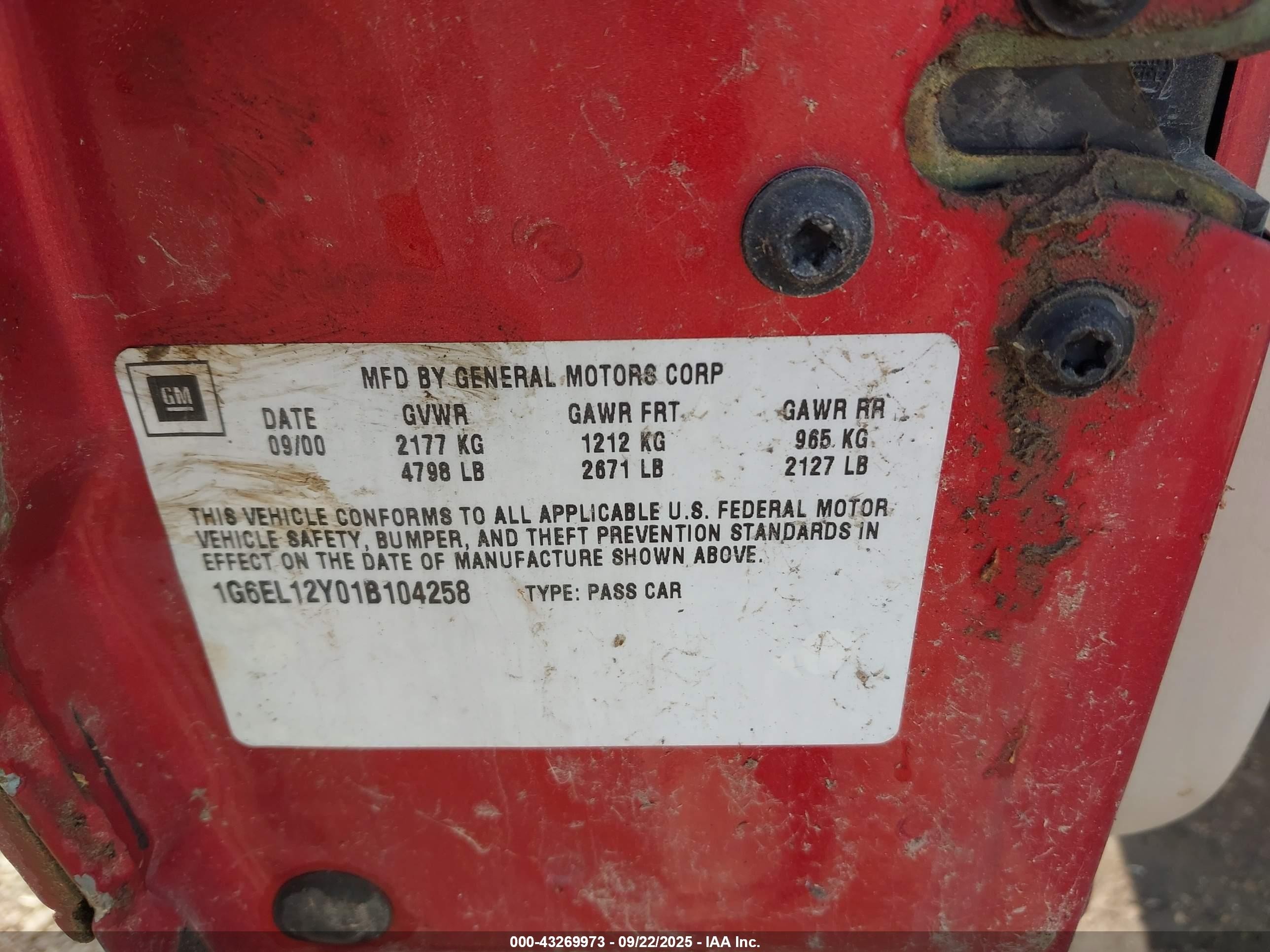 2001 Cadillac Eldorado Esc Red vin: 1G6EL12Y01B104258