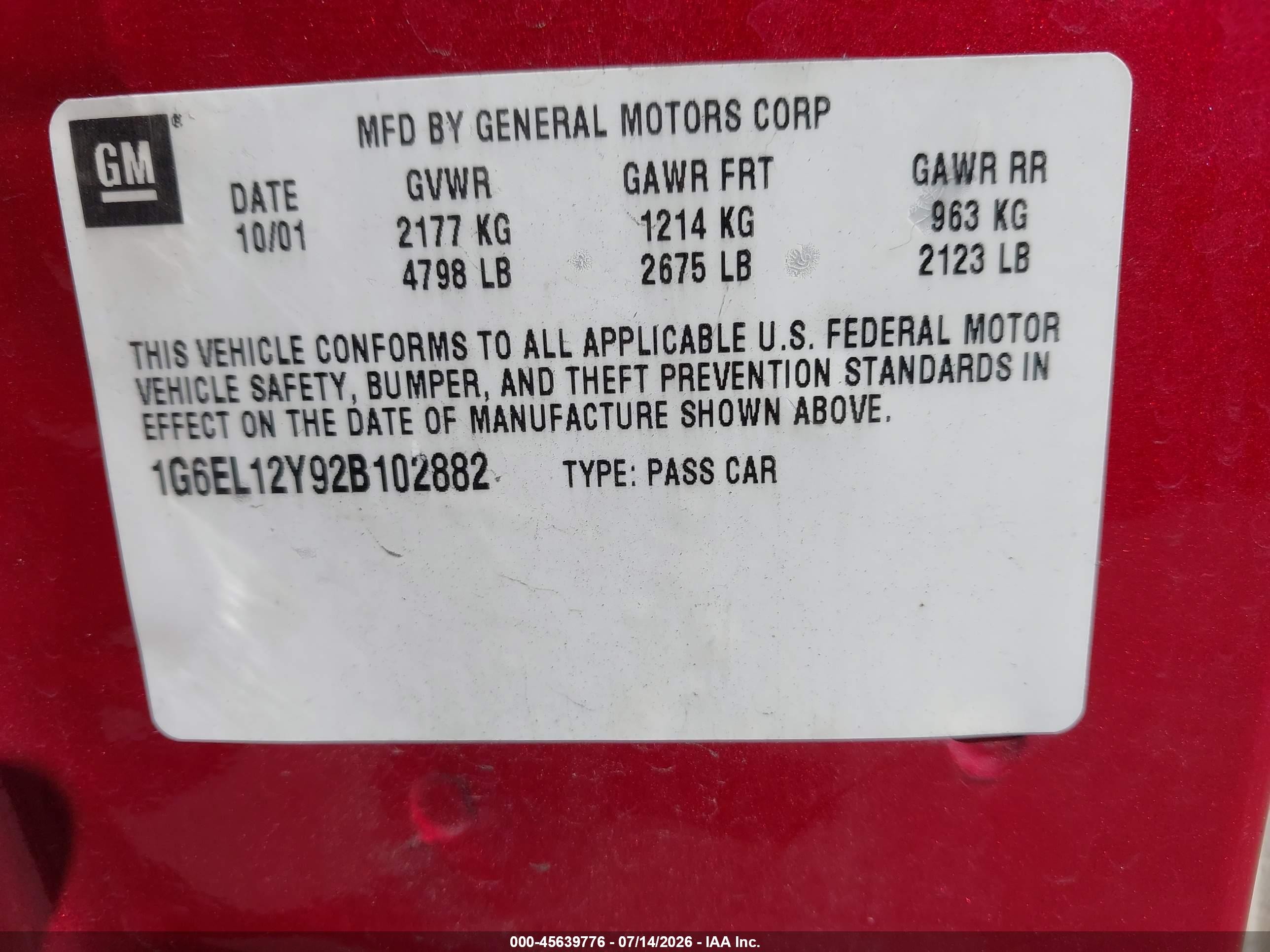 2002 Cadillac Eldorado Esc Бордовый vin: 1G6EL12Y92B102882