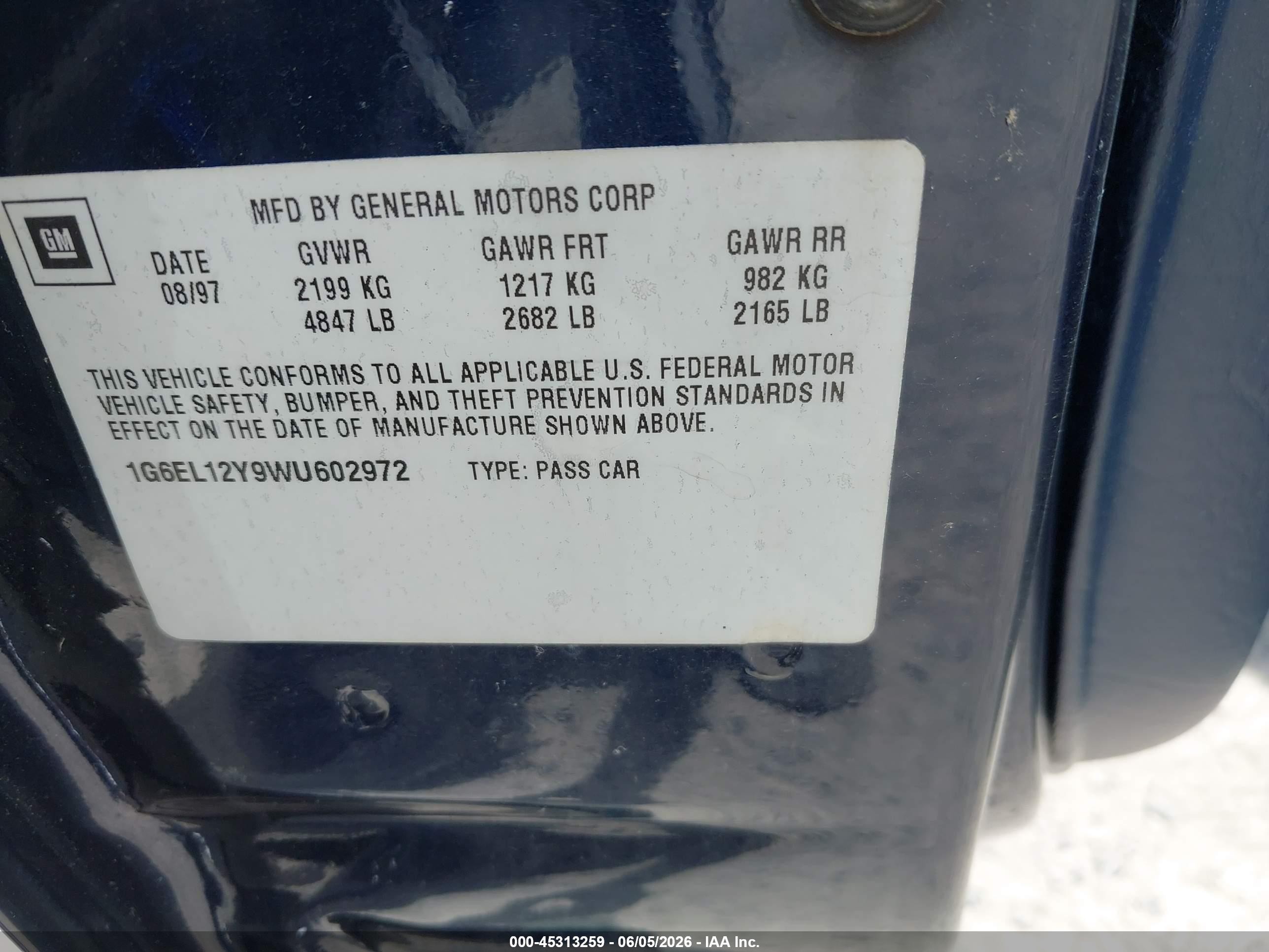 1998 Cadillac Eldorado Standard Синий vin: 1G6EL12Y9WU602972