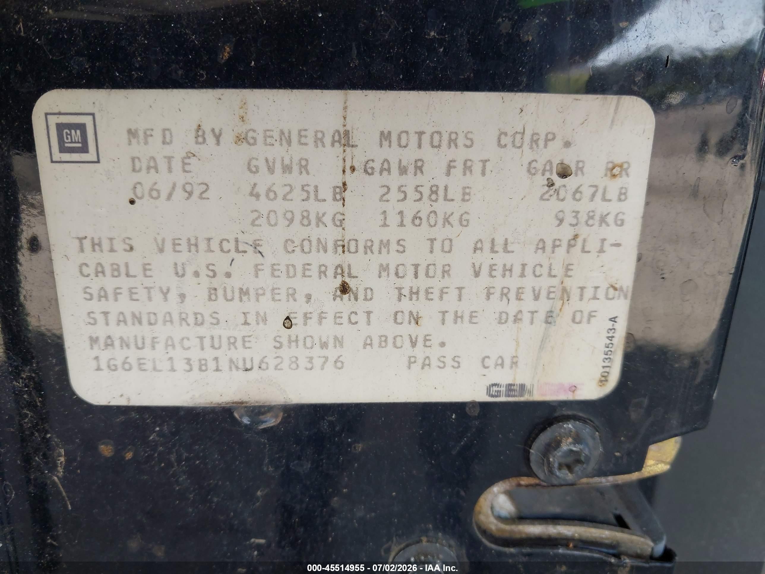 1992 Cadillac Eldorado   Black vin: 1G6EL13B1NU628376