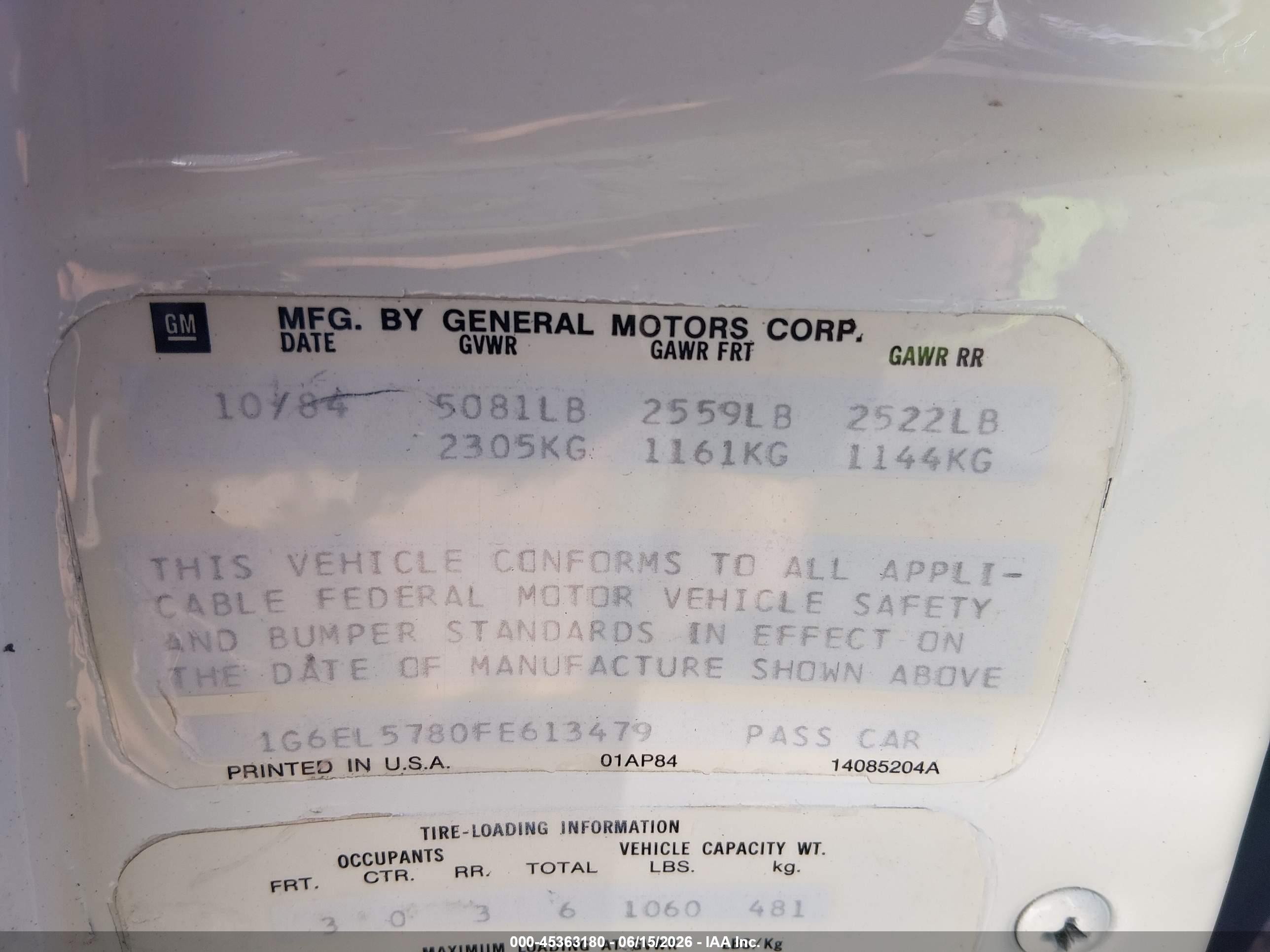 1985 Cadillac Eldorado   White vin: 1G6EL5780FE613479