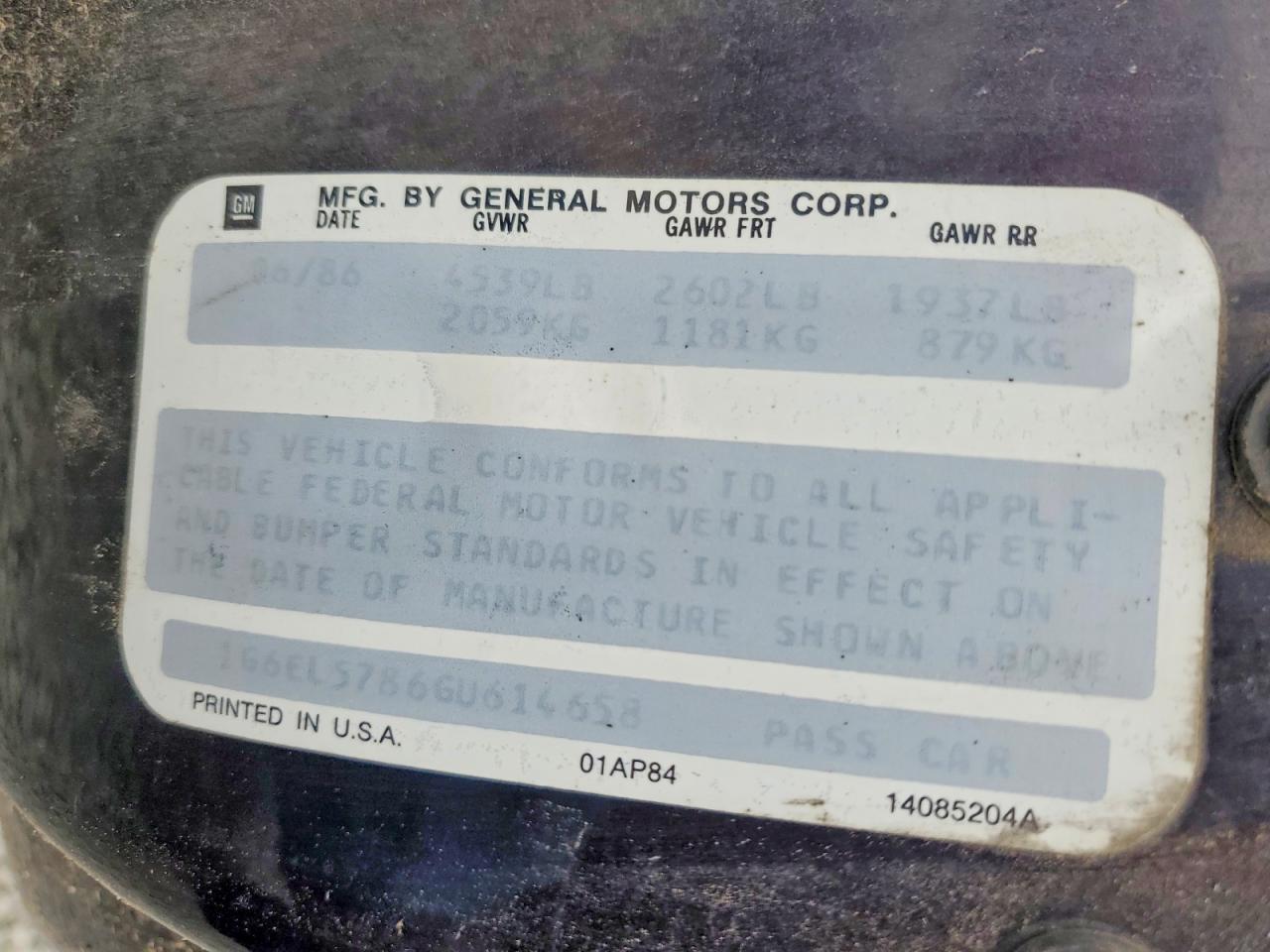 1986 Cadillac Eldorado Charcoal vin: 1G6EL5786GU614658
