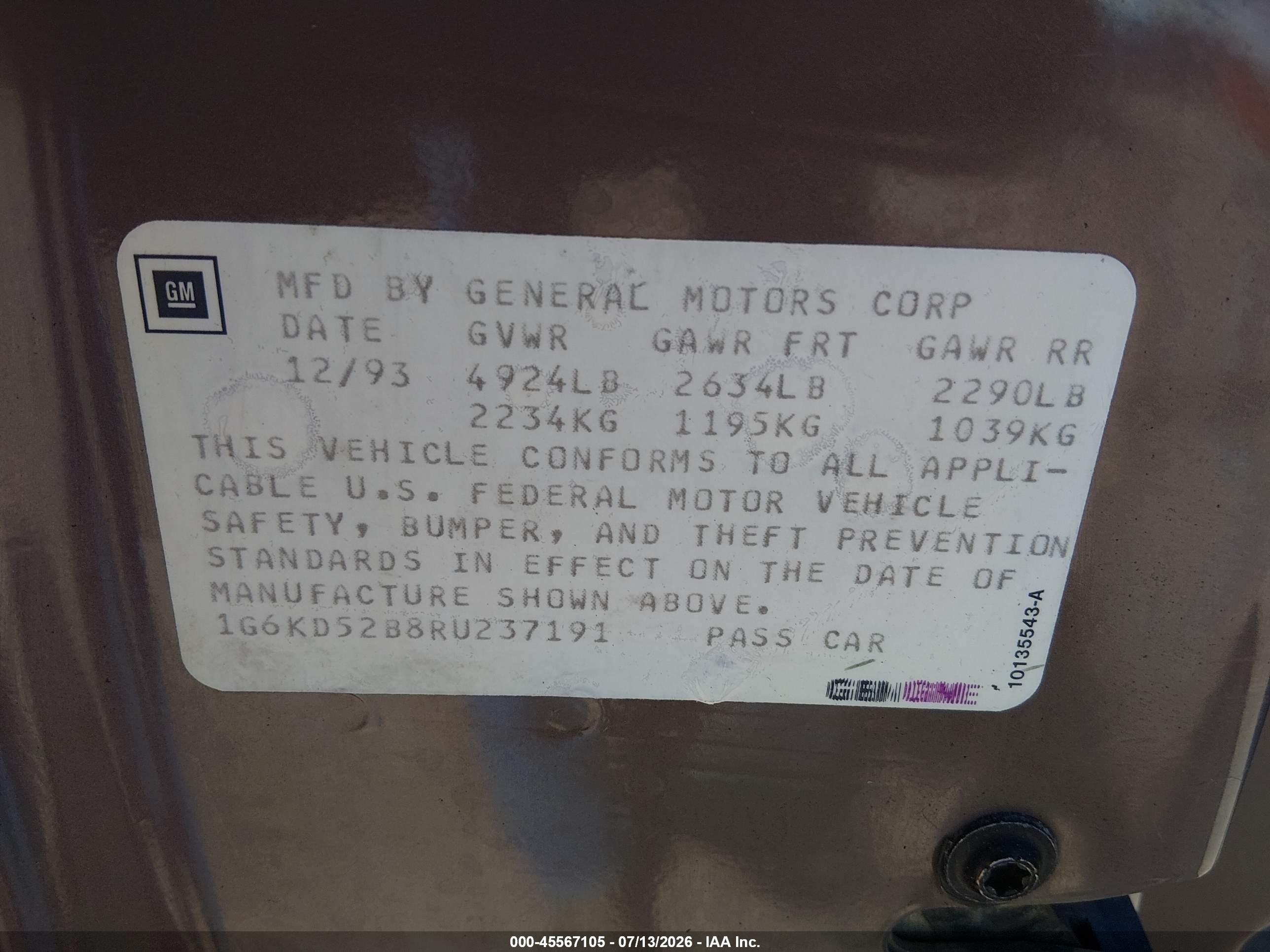 1994 Cadillac Deville Gold vin: 1G6KD52B8RU237191