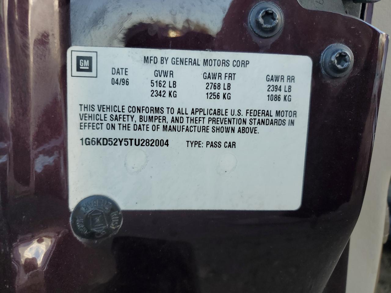 1996 Cadillac Deville Burgundy vin: 1G6KD52Y5TU282004