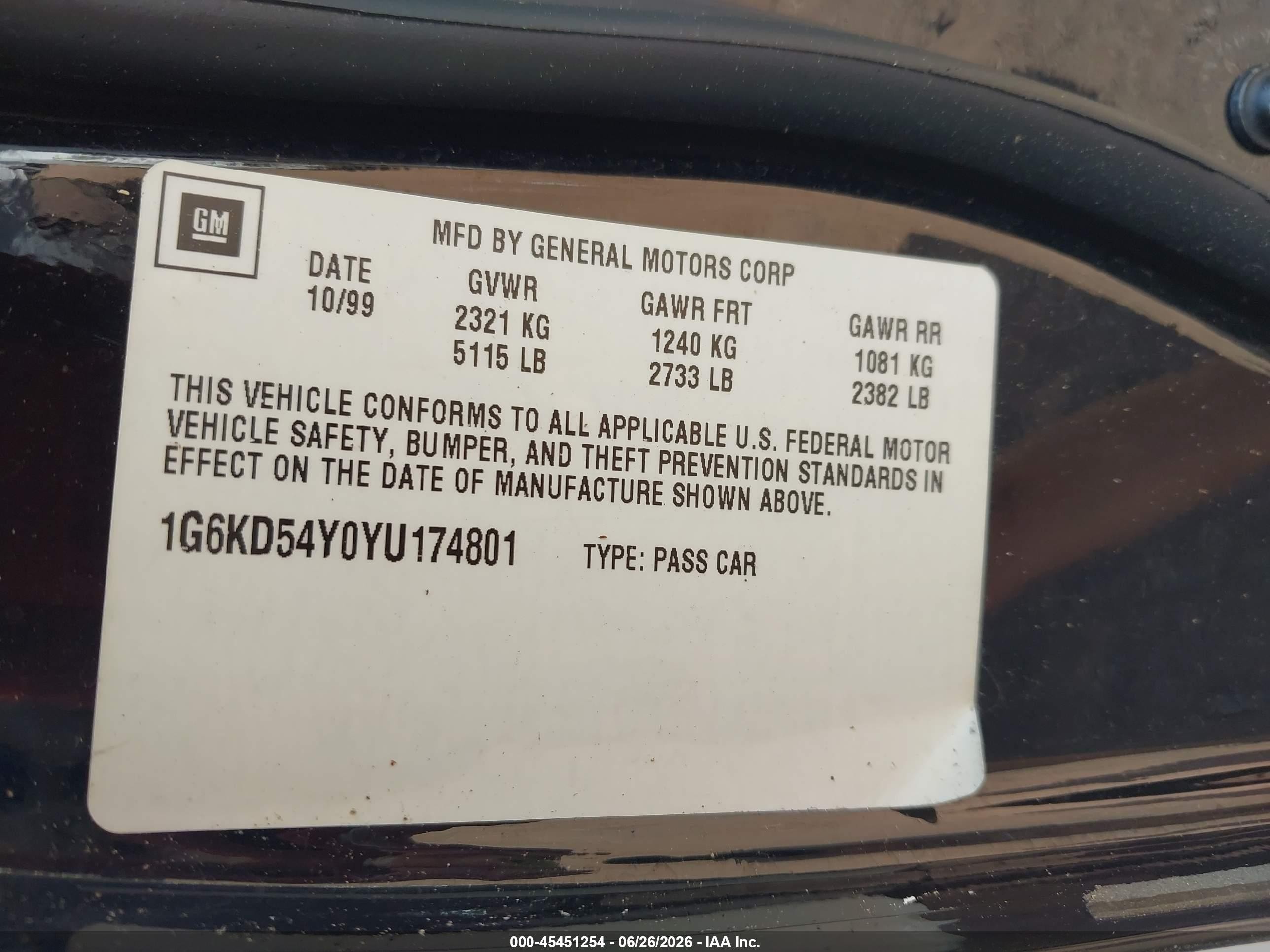 2000 Cadillac Deville Standard Black vin: 1G6KD54Y0YU174801