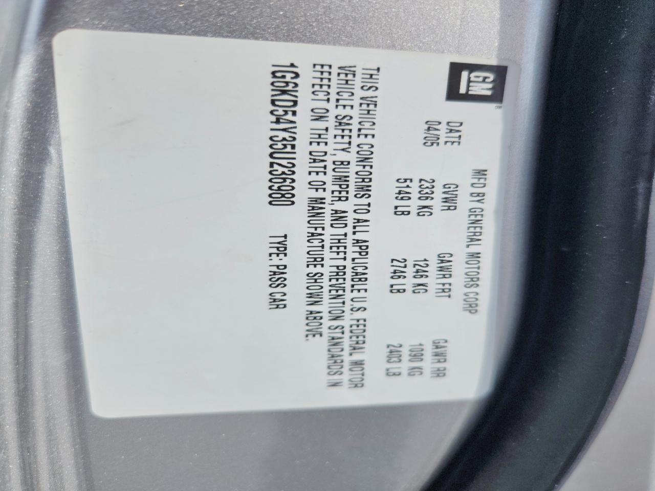 2005 Cadillac De Ville Gray vin: 1G6KD54Y35U236980