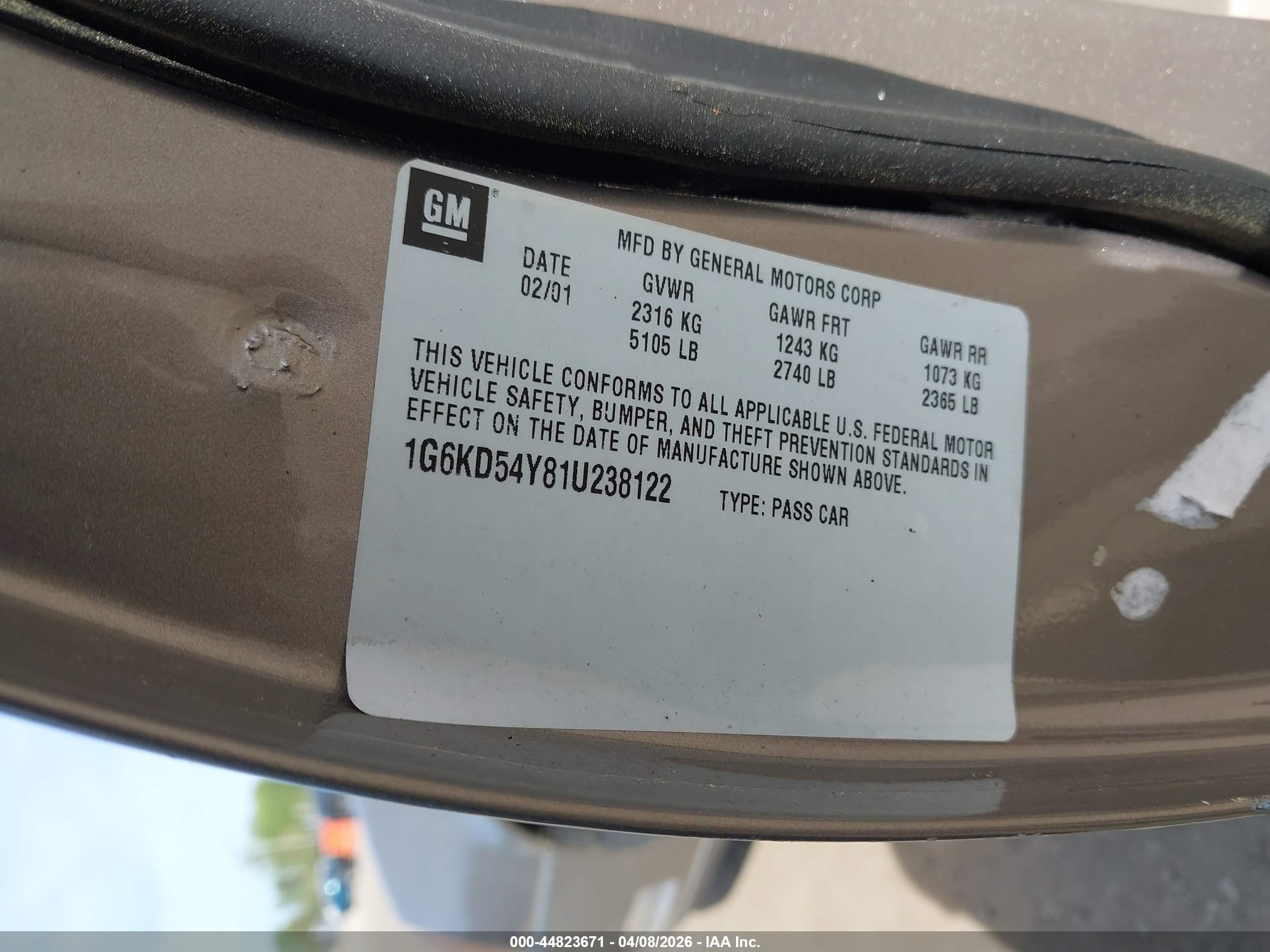 2001 Cadillac Deville Standard W/w20 Коричневый vin: 1G6KD54Y81U238122