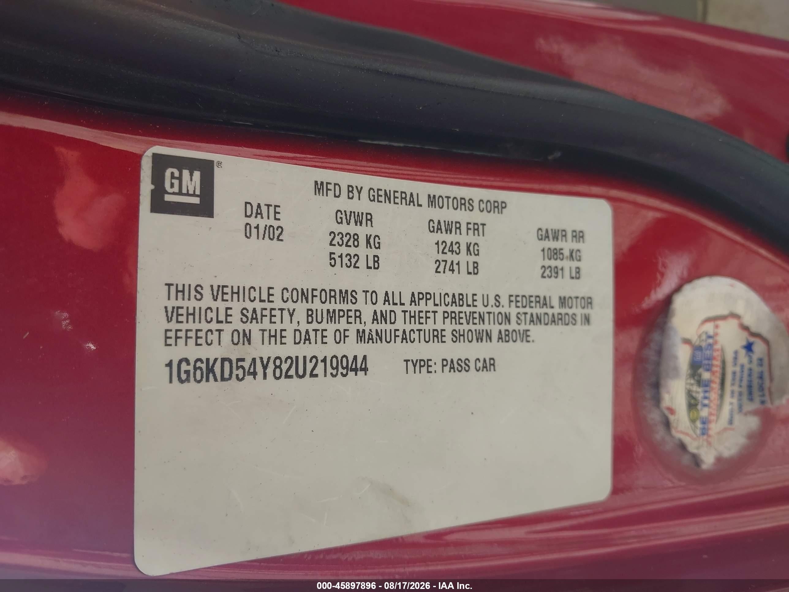 2002 Cadillac Deville   Красный vin: 1G6KD54Y82U219944