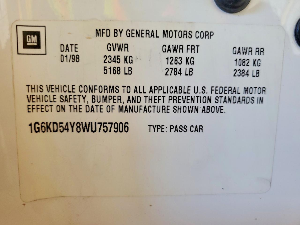 1998 Cadillac Deville White vin: 1G6KD54Y8WU757906