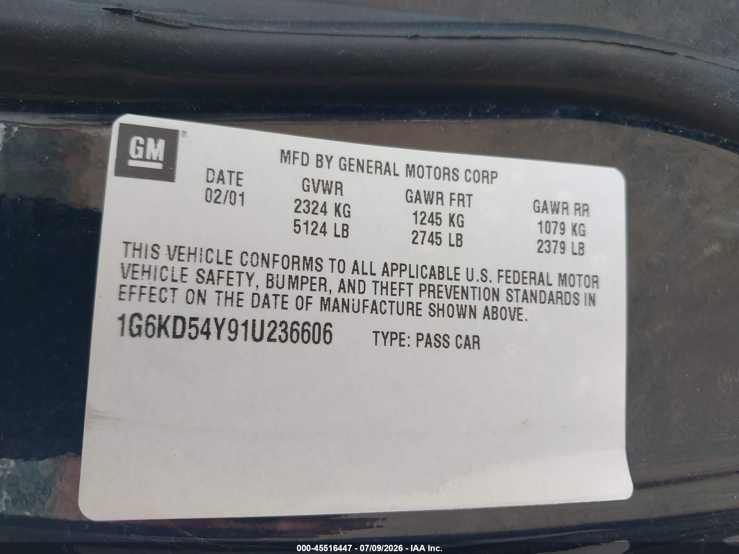2001 Cadillac Deville Standard Black vin: 1G6KD54Y91U236606