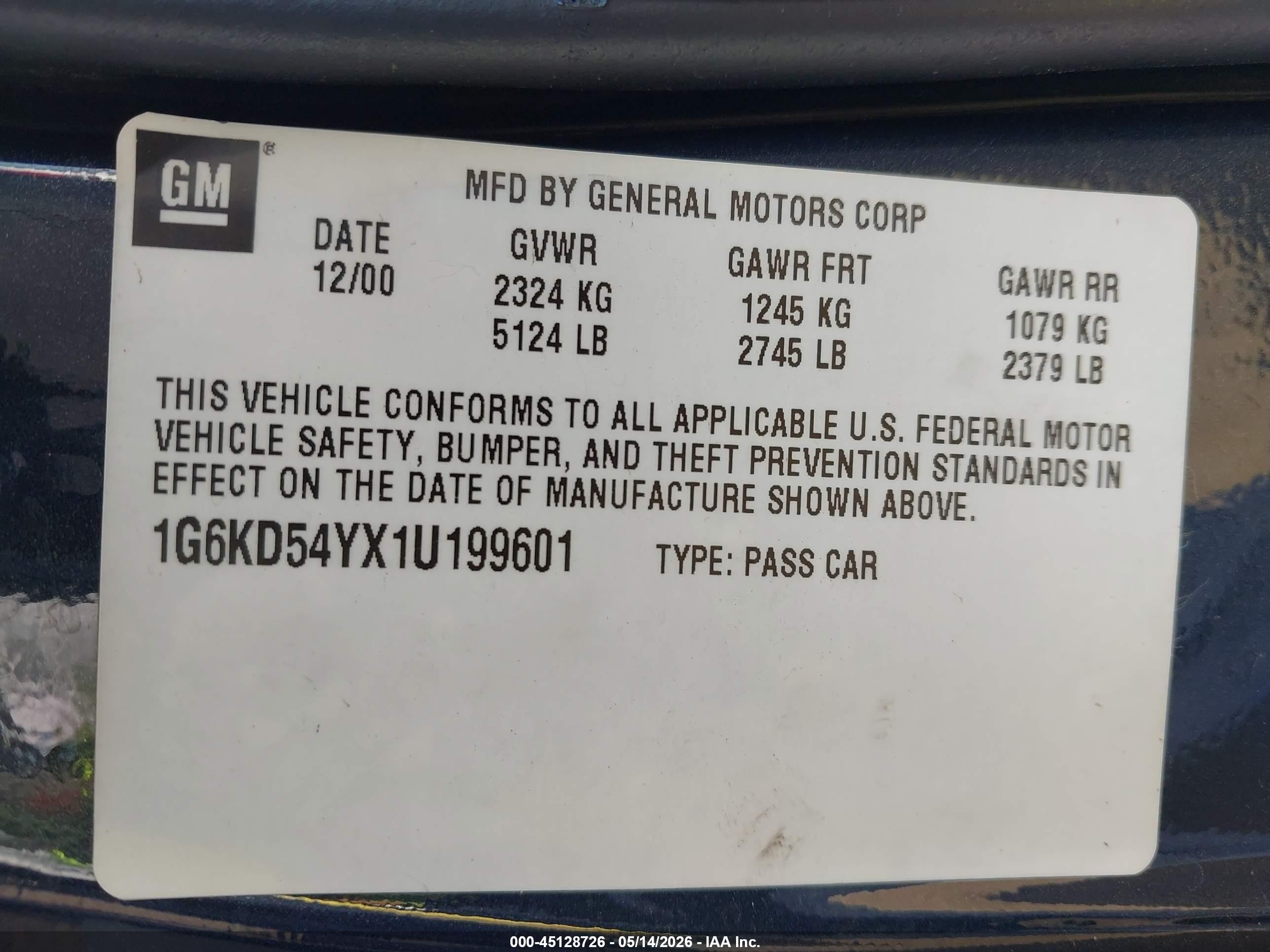 2001 Cadillac Deville Standard Blue vin: 1G6KD54YX1U199601