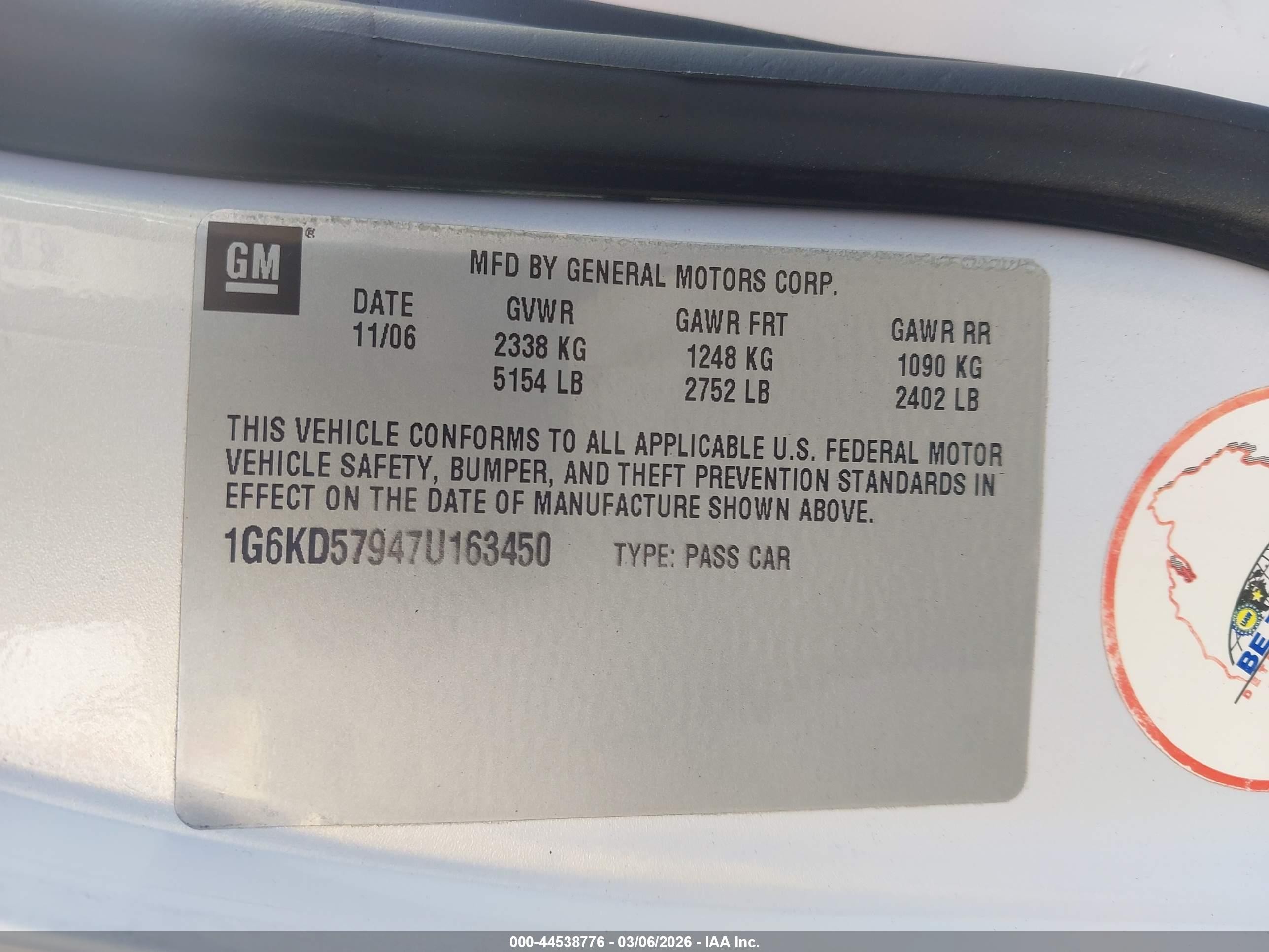 2007 Cadillac Dts Performance Белый vin: 1G6KD57947U163450