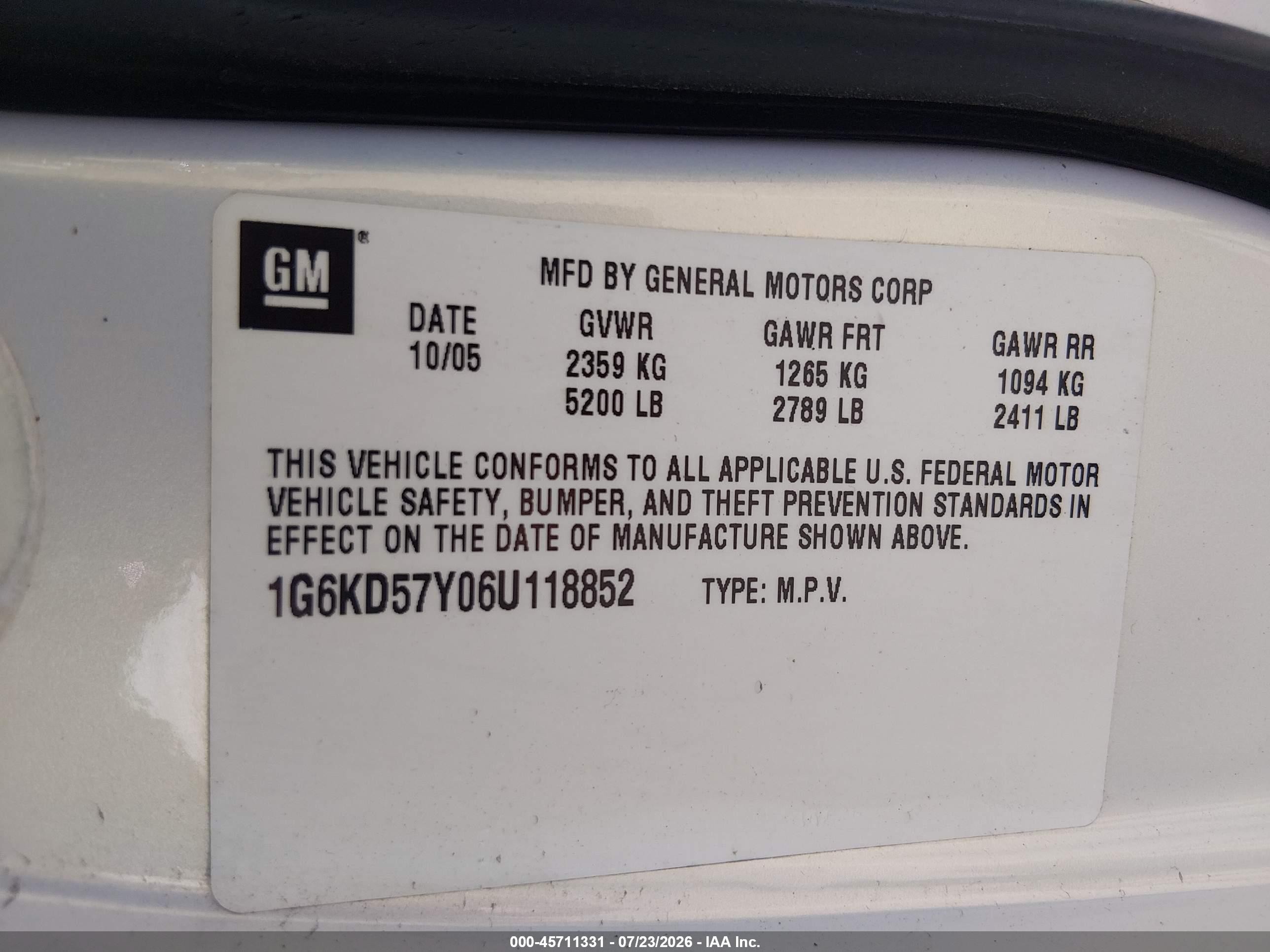 2006 Cadillac Dts 1sb White vin: 1G6KD57Y06U118852