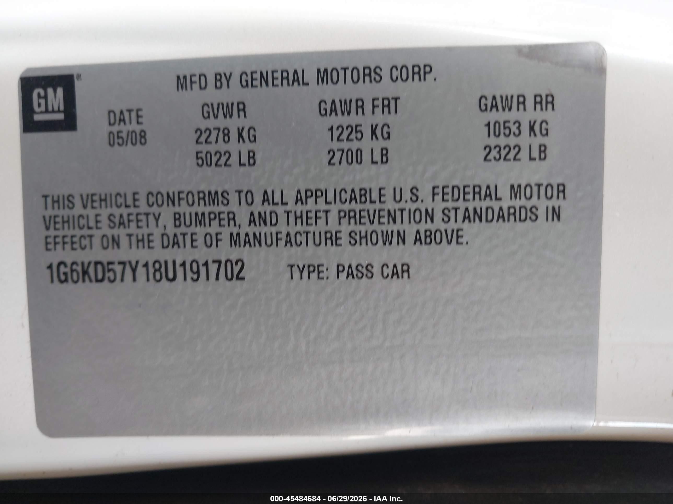 2008 Cadillac Dts 1sc White vin: 1G6KD57Y18U191702