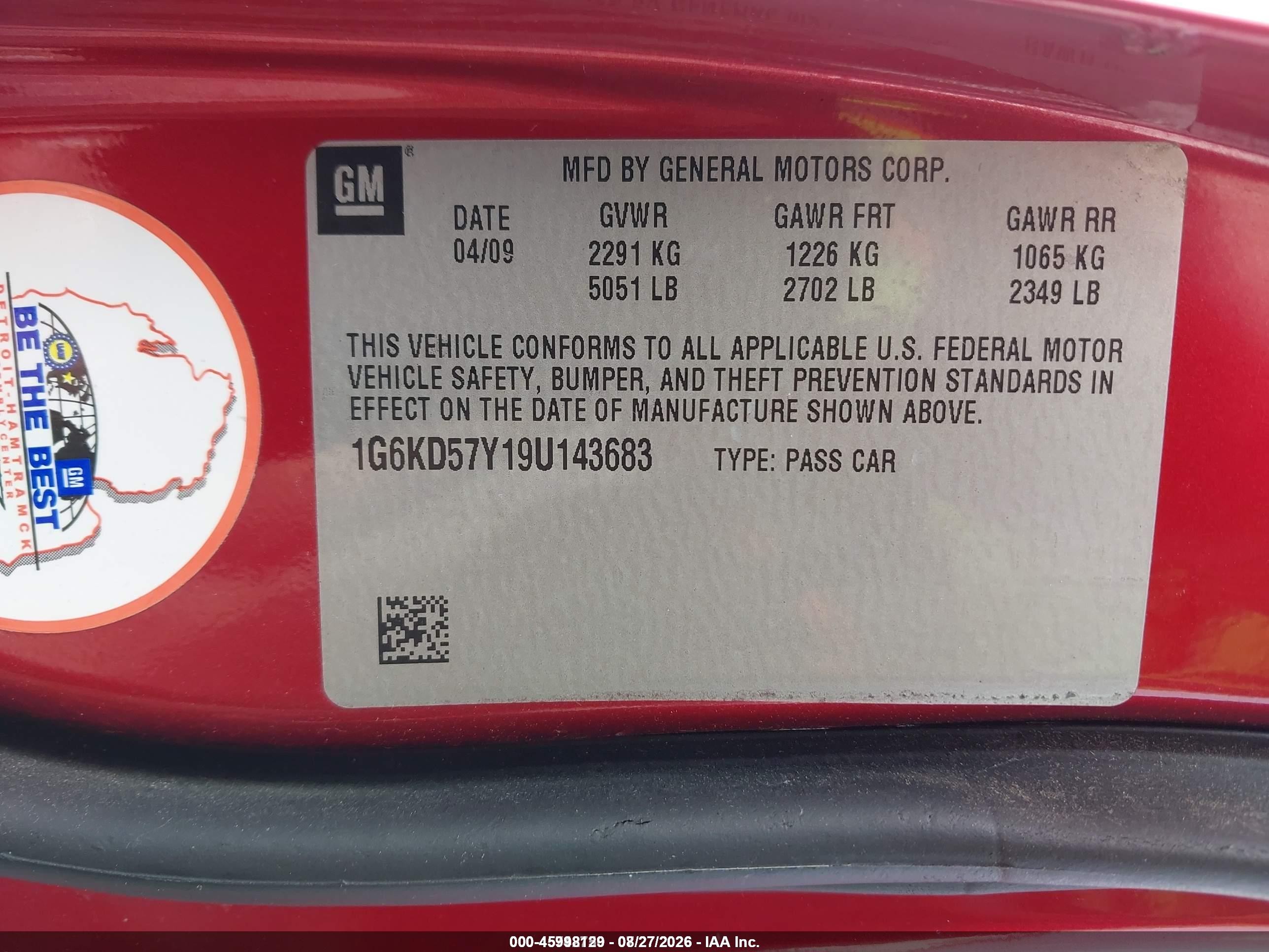 2009 Cadillac Dts 1sc Red vin: 1G6KD57Y19U143683