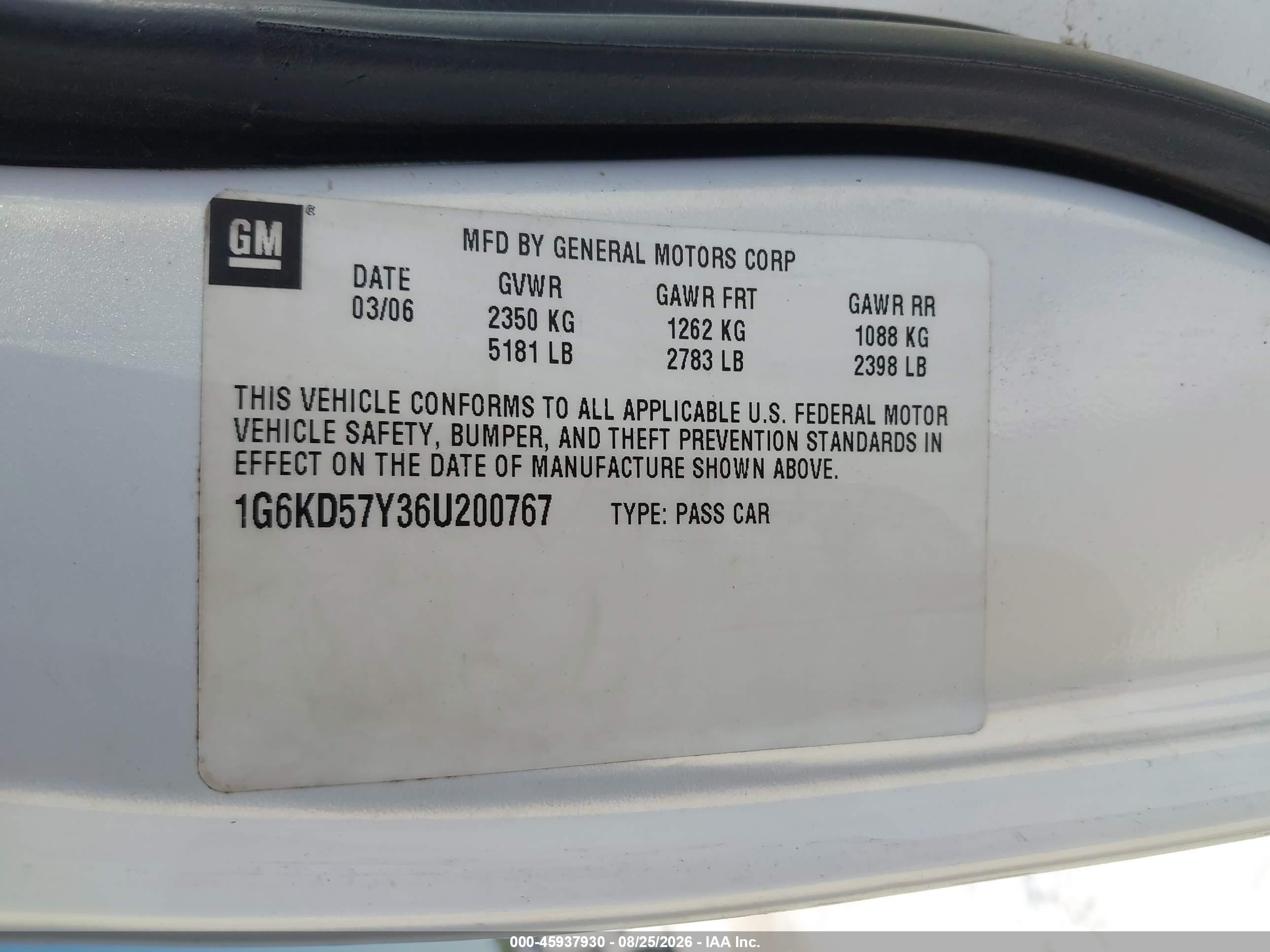 2006 Cadillac Dts 1sb White vin: 1G6KD57Y36U200767