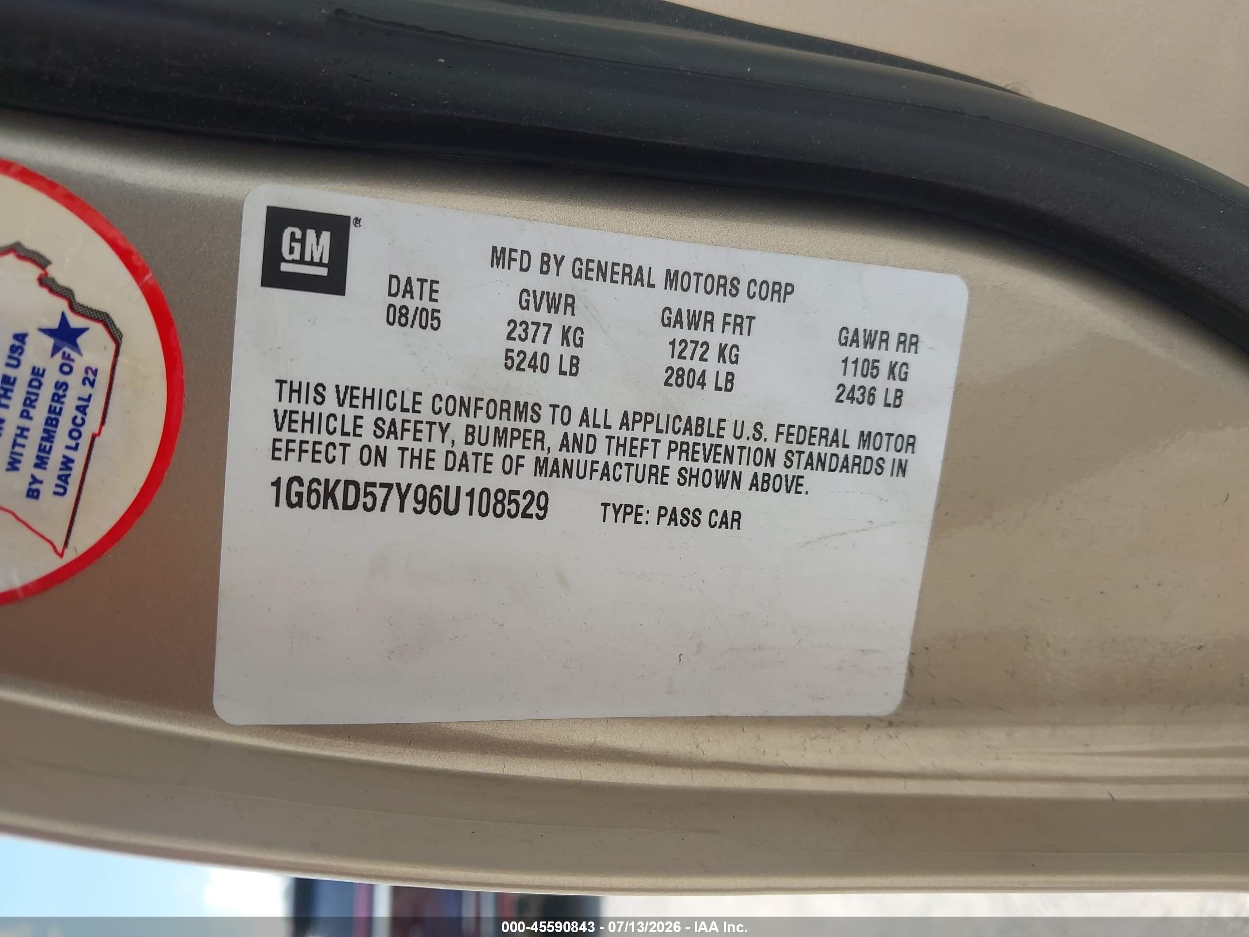 2006 Cadillac Dts 1sb Tan vin: 1G6KD57Y96U108529
