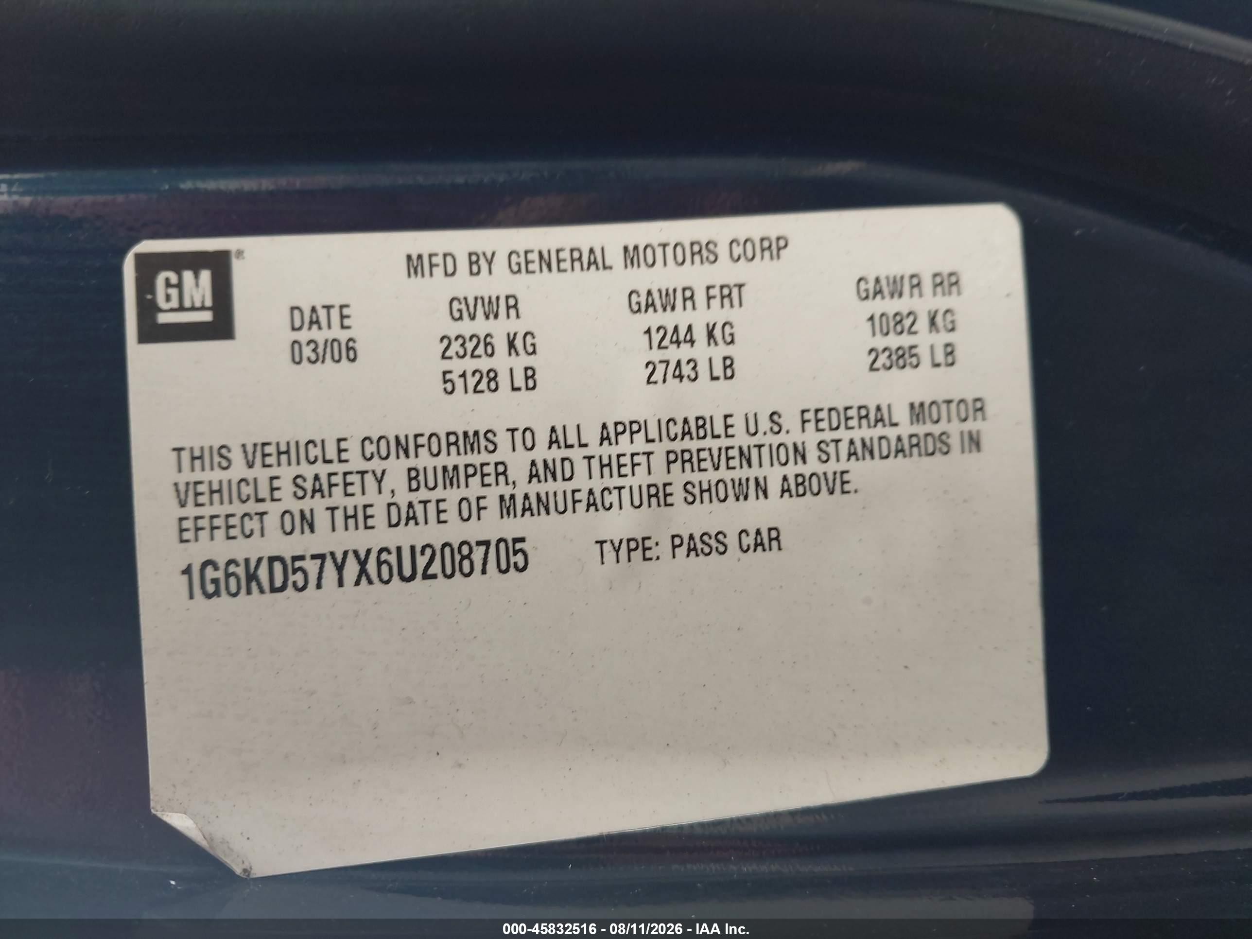 2006 Cadillac Dts 1sb Blue vin: 1G6KD57YX6U208705