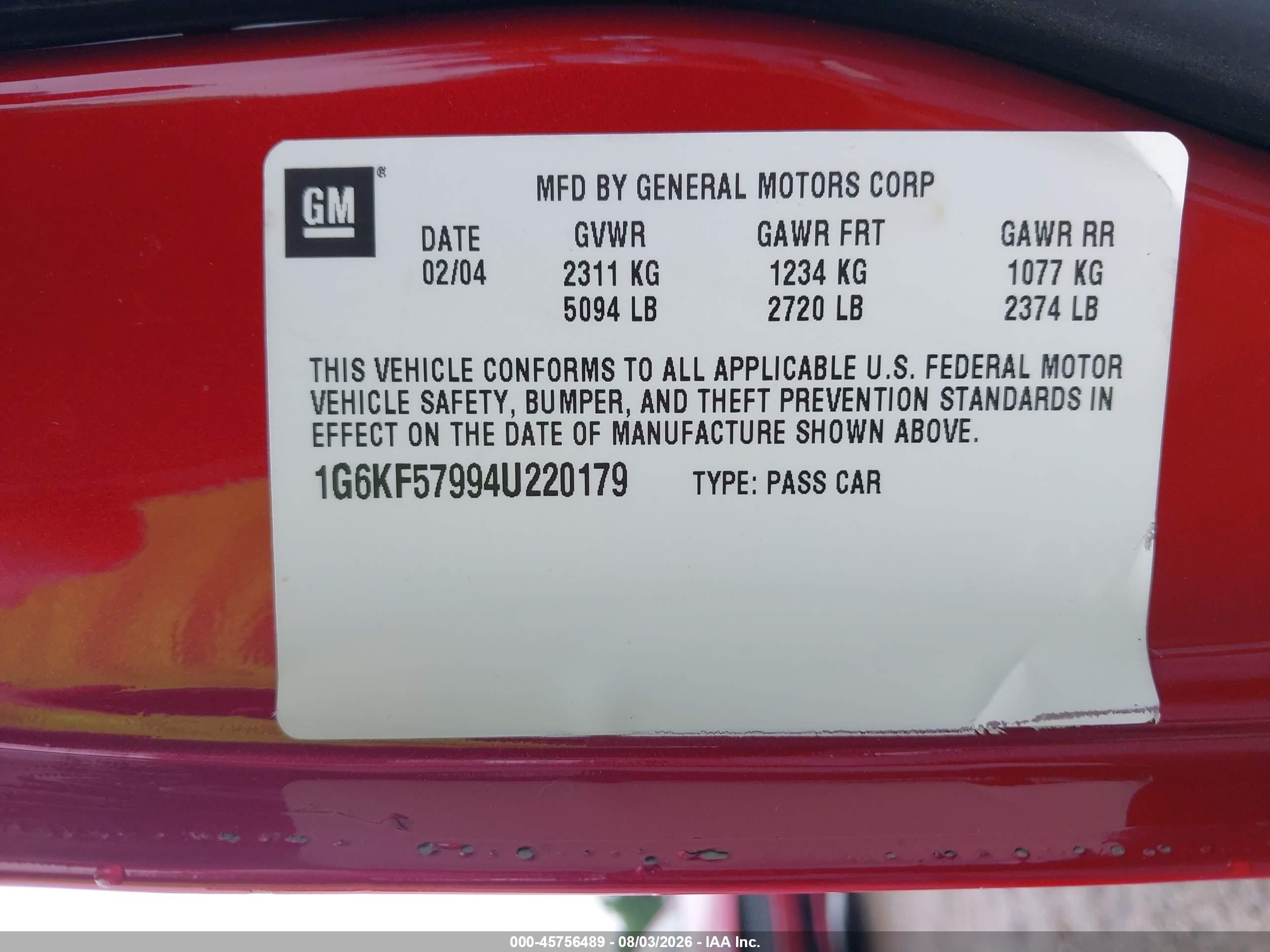 2004 Cadillac Deville Dts Red vin: 1G6KF57994U220179
