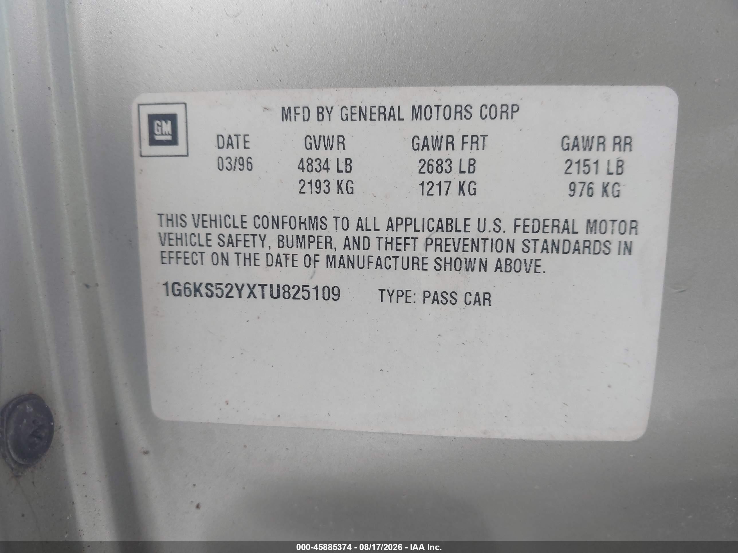 1996 Cadillac Seville Sls Champagne vin: 1G6KS52YXTU825109