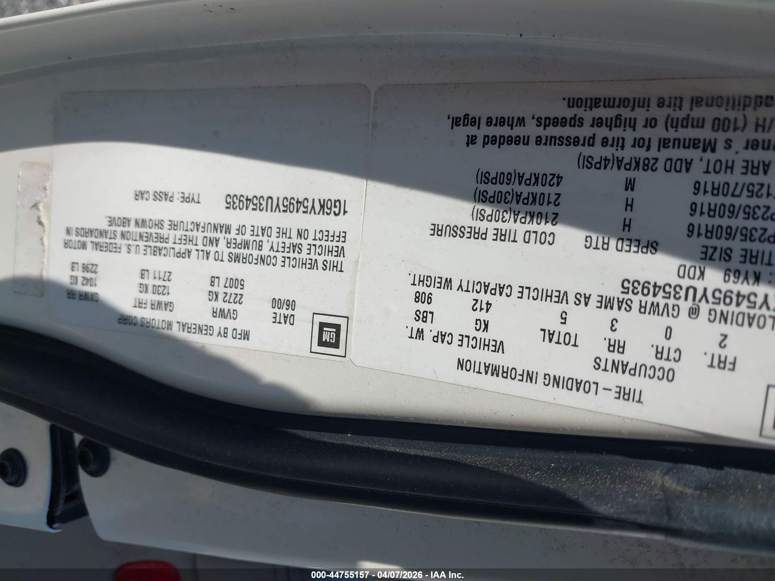 2000 Cadillac Seville Sts White vin: 1G6KY5495YU354935