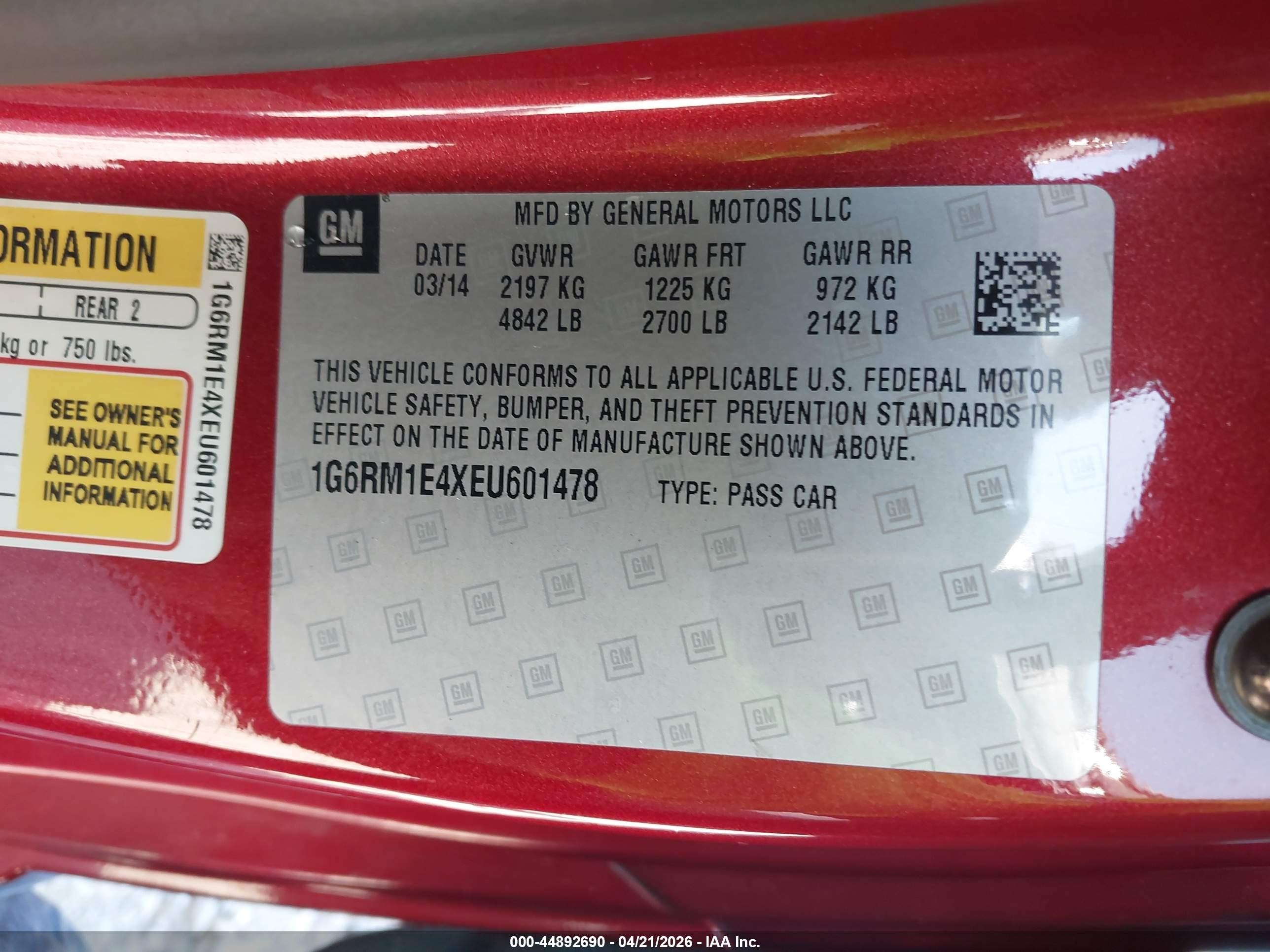 2014 Cadillac Elr Standard Red vin: 1G6RM1E4XEU601478