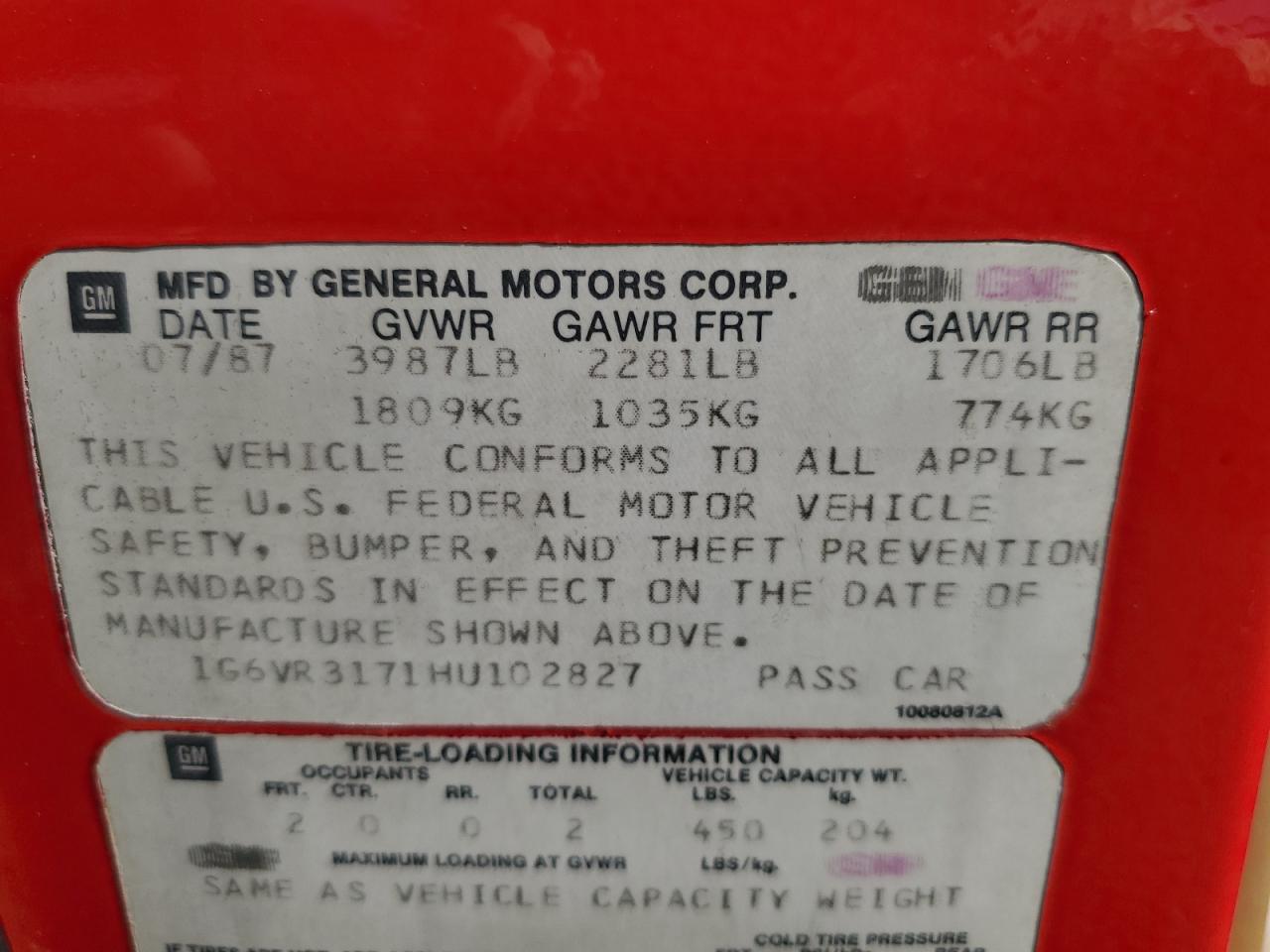 1987 Cadillac Allante Red vin: 1G6VR3171HU102827