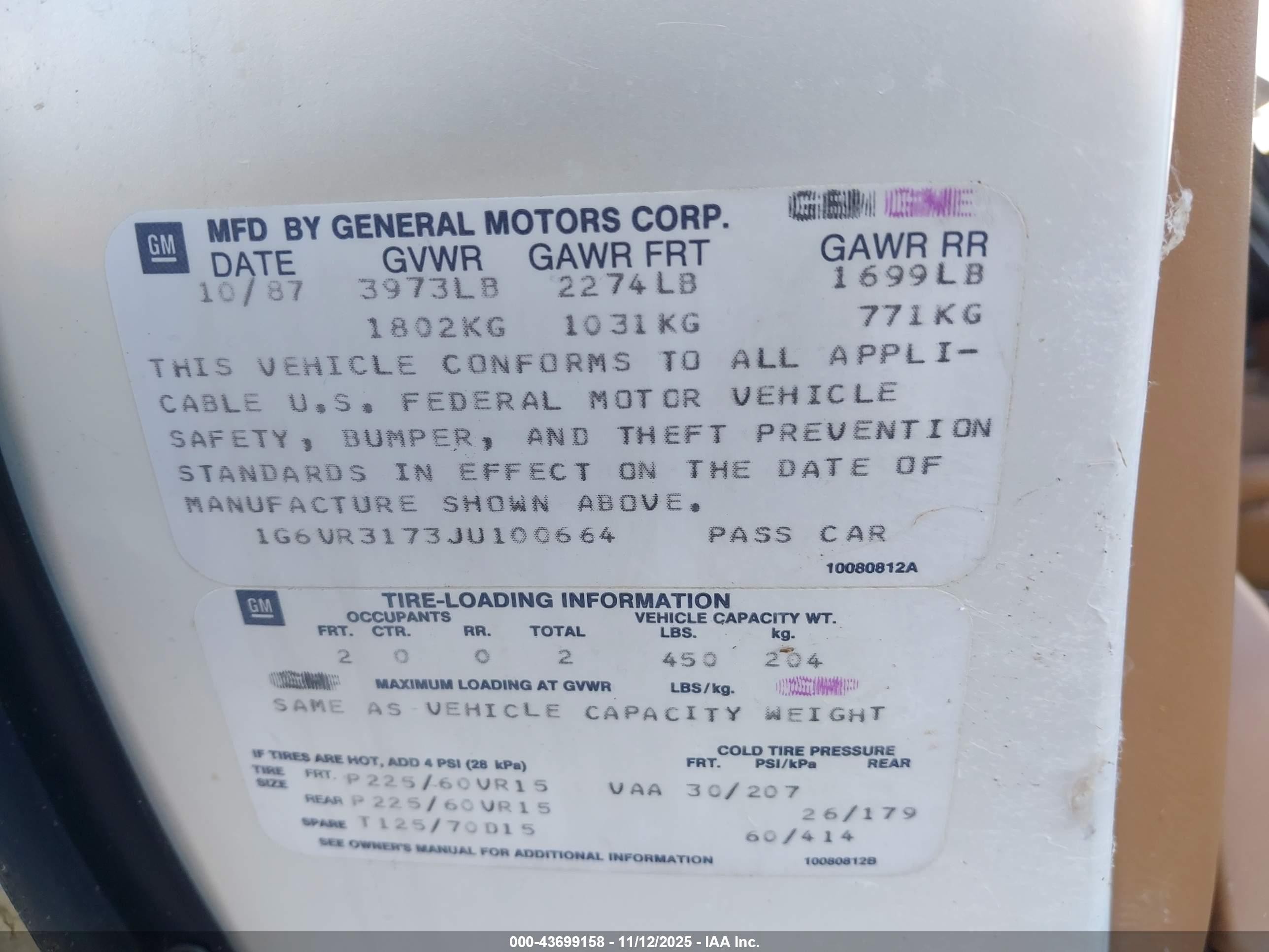 1988 Cadillac Allante   White vin: 1G6VR3173JU100664