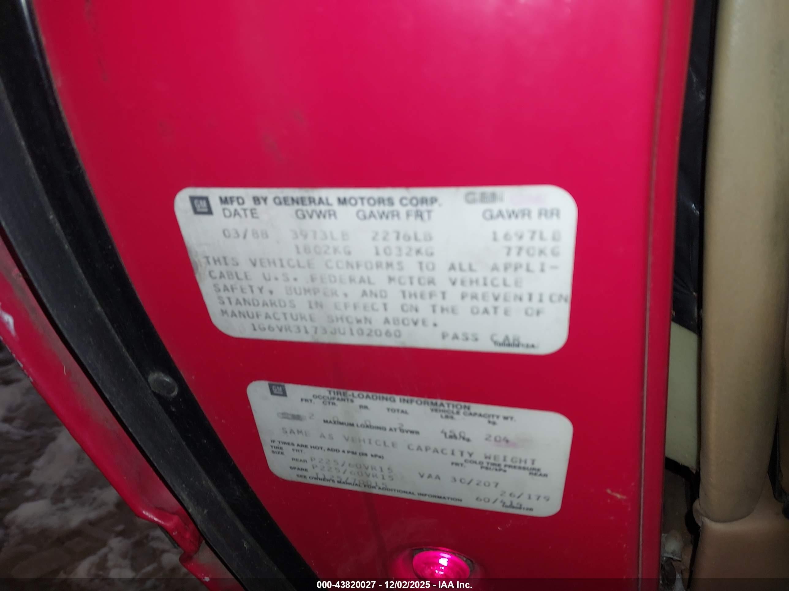 1988 Cadillac Allante   Red vin: 1G6VR3173JU102060